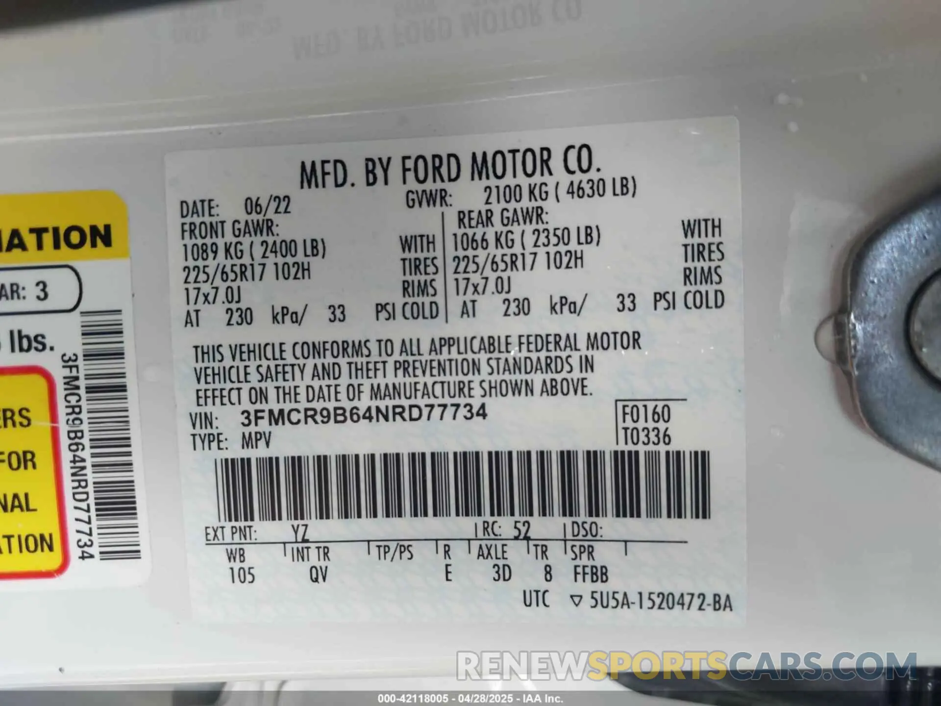 9 Photograph of a damaged car 3FMCR9B64NRD77734 FORD BRONCO SPORT 2022