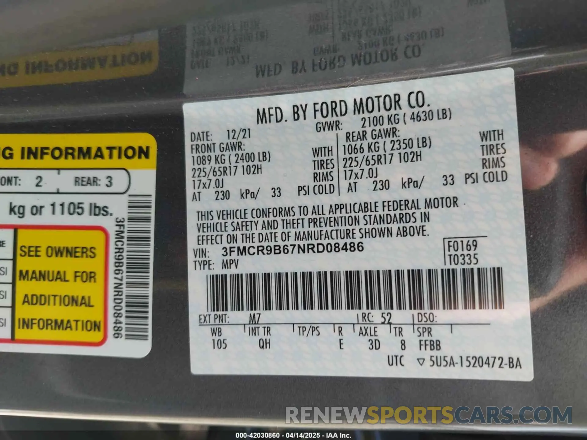 9 Photograph of a damaged car 3FMCR9B67NRD08486 FORD BRONCO SPORT 2022