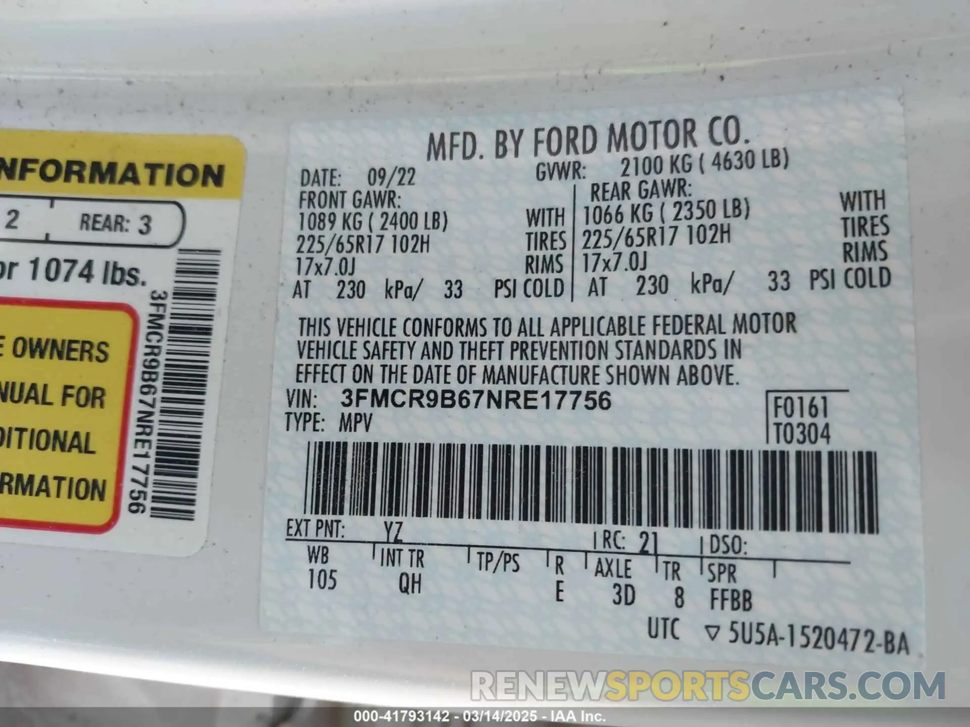 9 Photograph of a damaged car 3FMCR9B67NRE17756 FORD BRONCO SPORT 2022