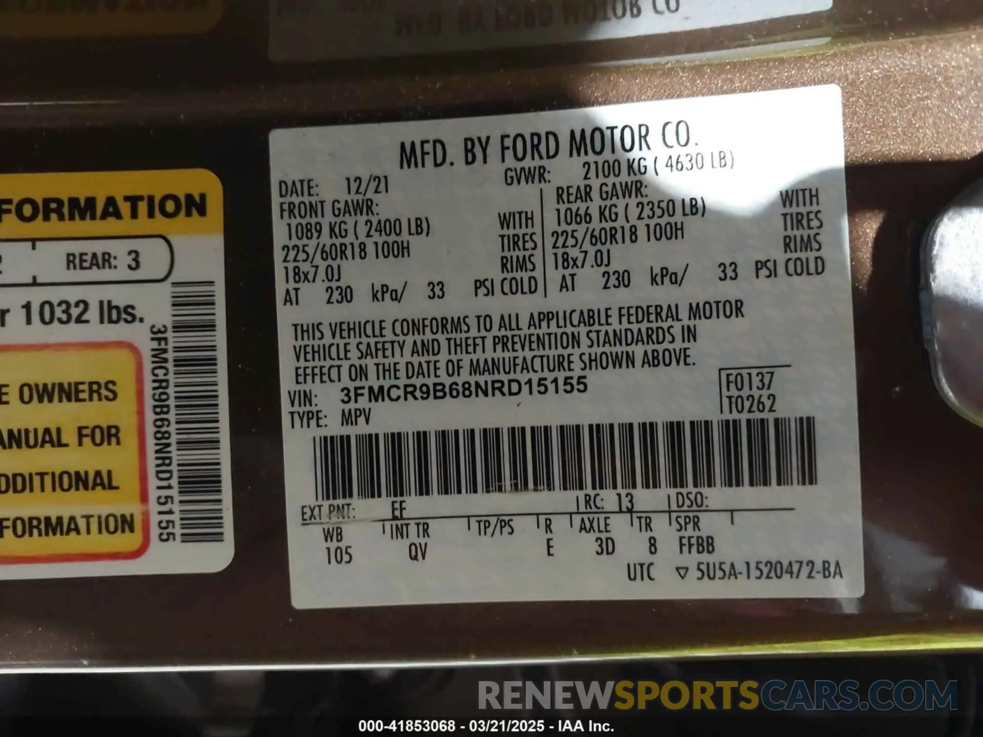9 Photograph of a damaged car 3FMCR9B68NRD15155 FORD BRONCO SPORT 2022