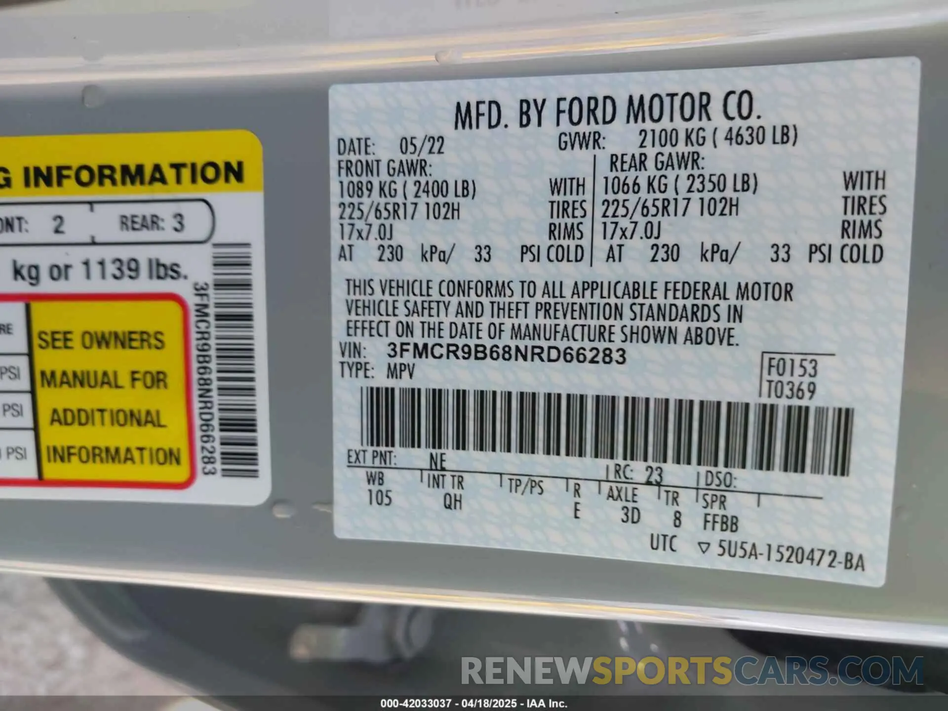 9 Photograph of a damaged car 3FMCR9B68NRD66283 FORD BRONCO SPORT 2022