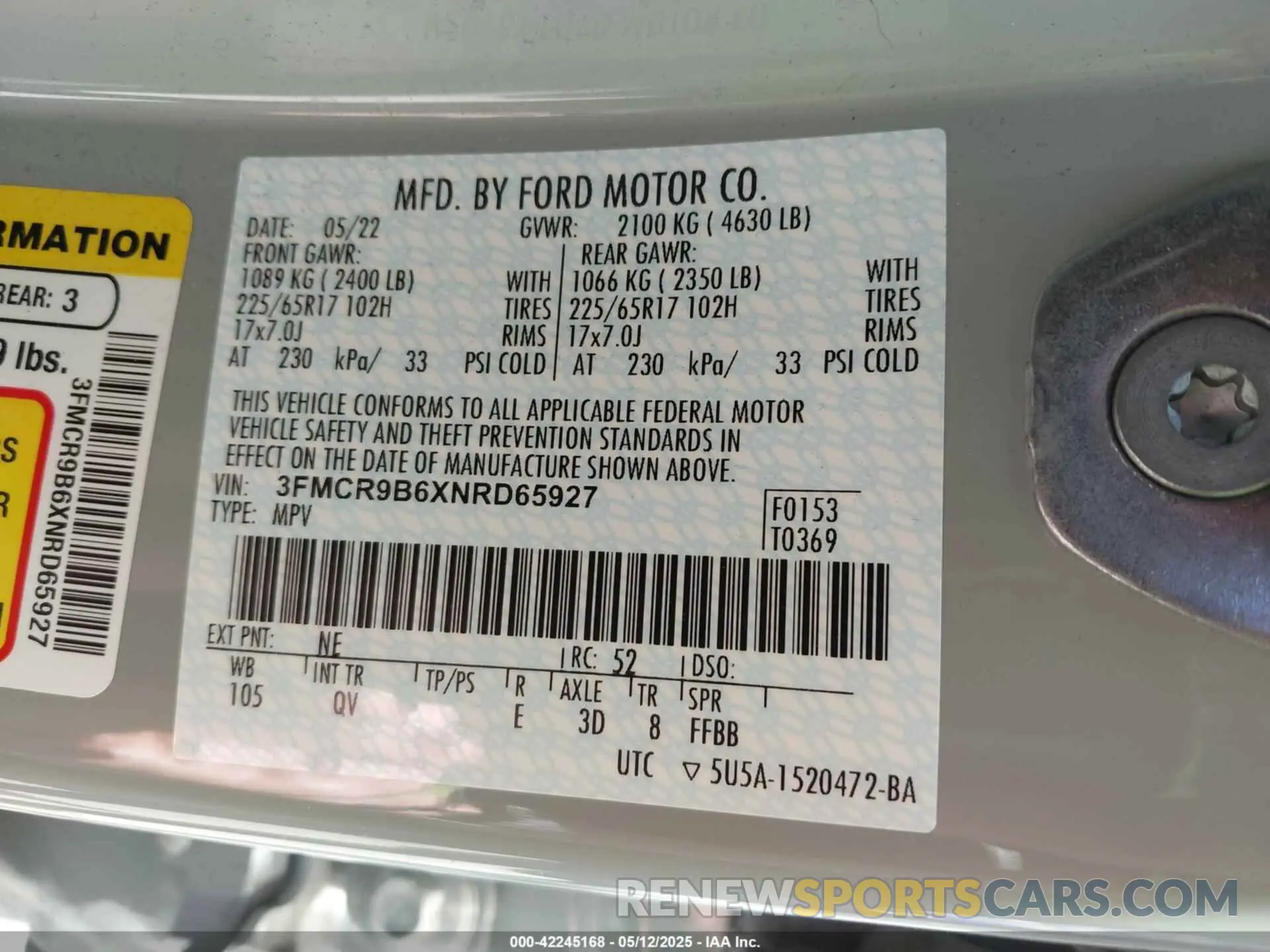 9 Photograph of a damaged car 3FMCR9B6XNRD65927 FORD BRONCO SPORT 2022