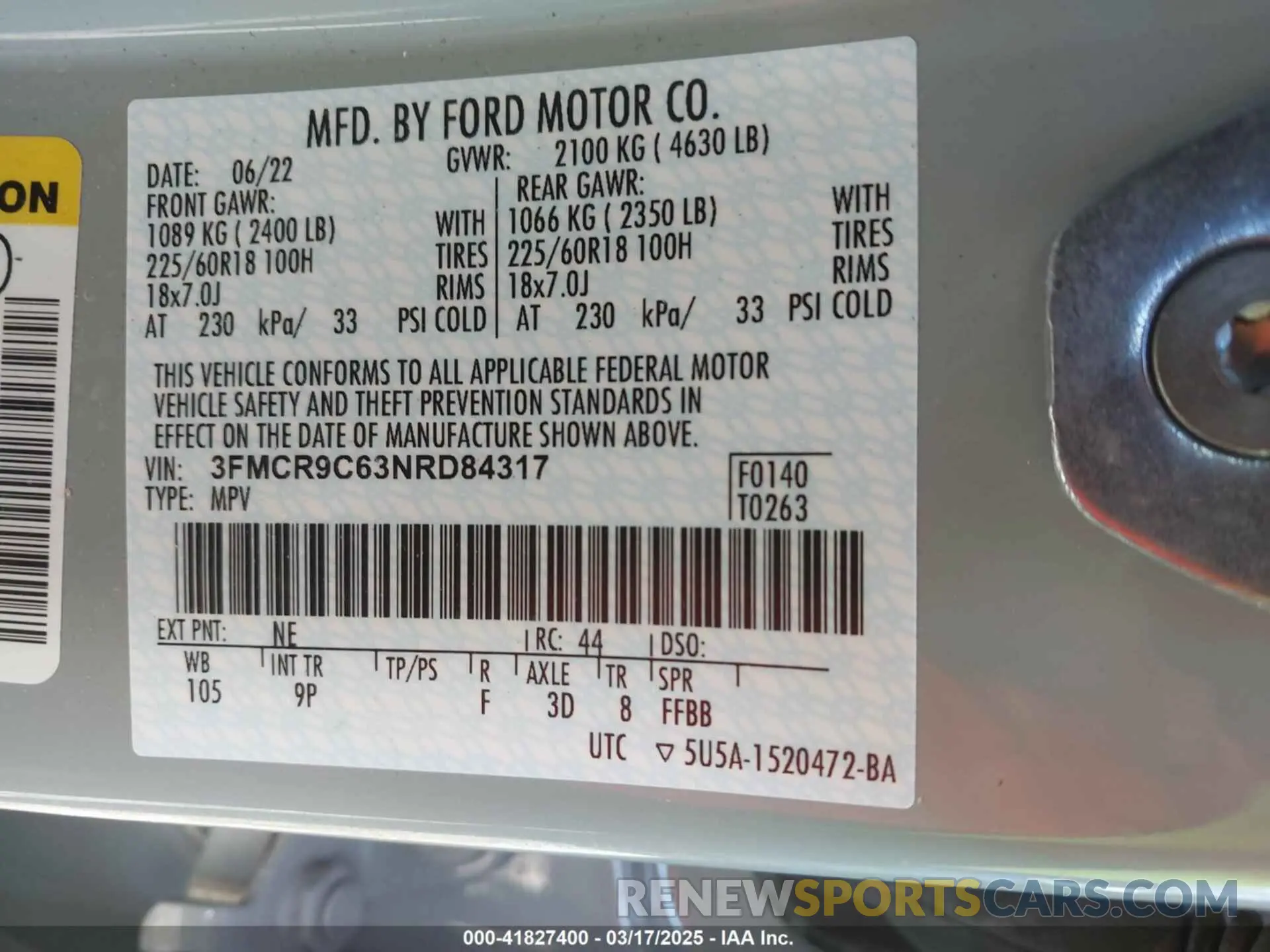 9 Photograph of a damaged car 3FMCR9C63NRD84317 FORD BRONCO SPORT 2022
