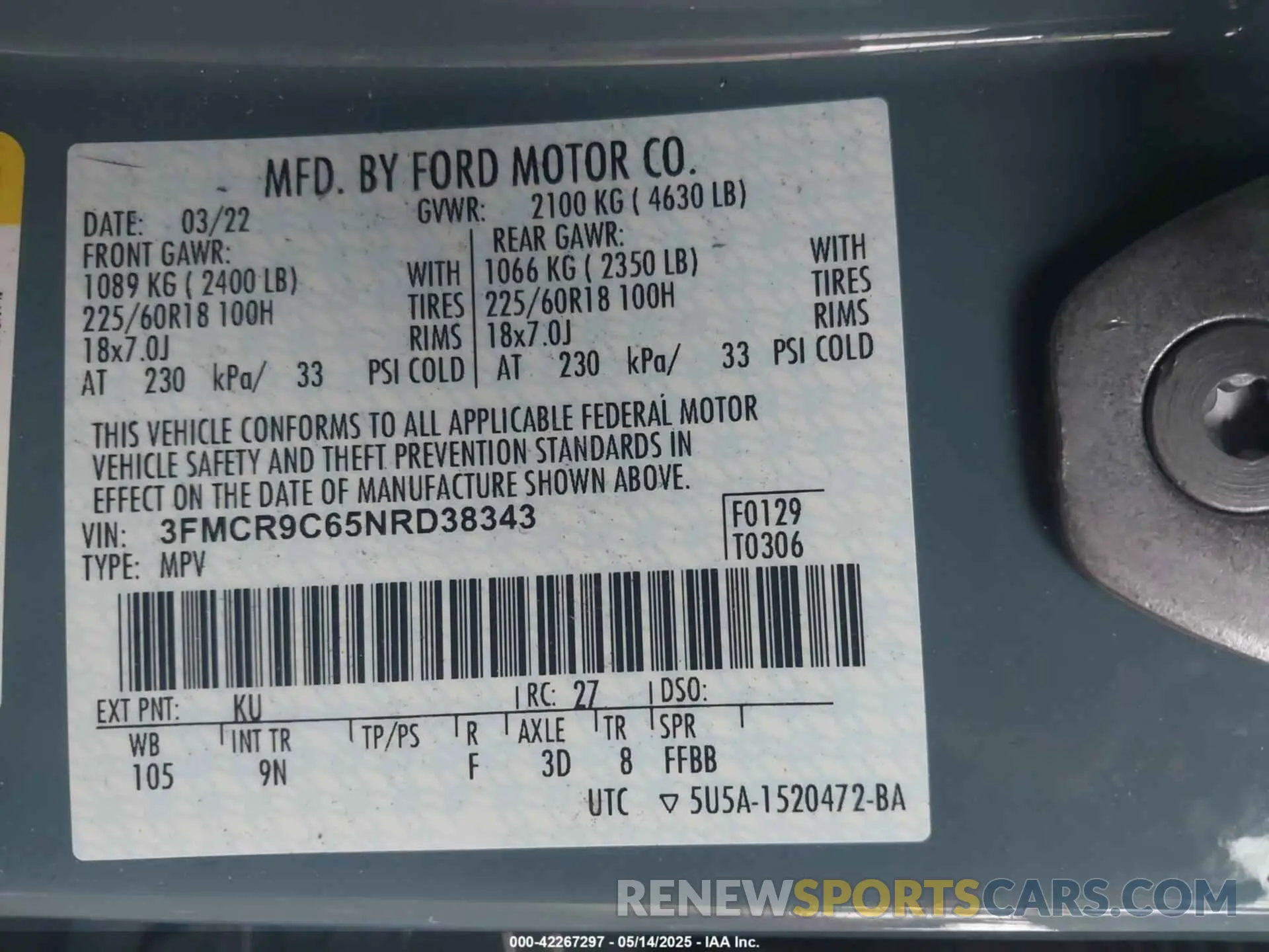 9 Фотография поврежденного автомобиля 3FMCR9C65NRD38343 FORD BRONCO SPORT 2022