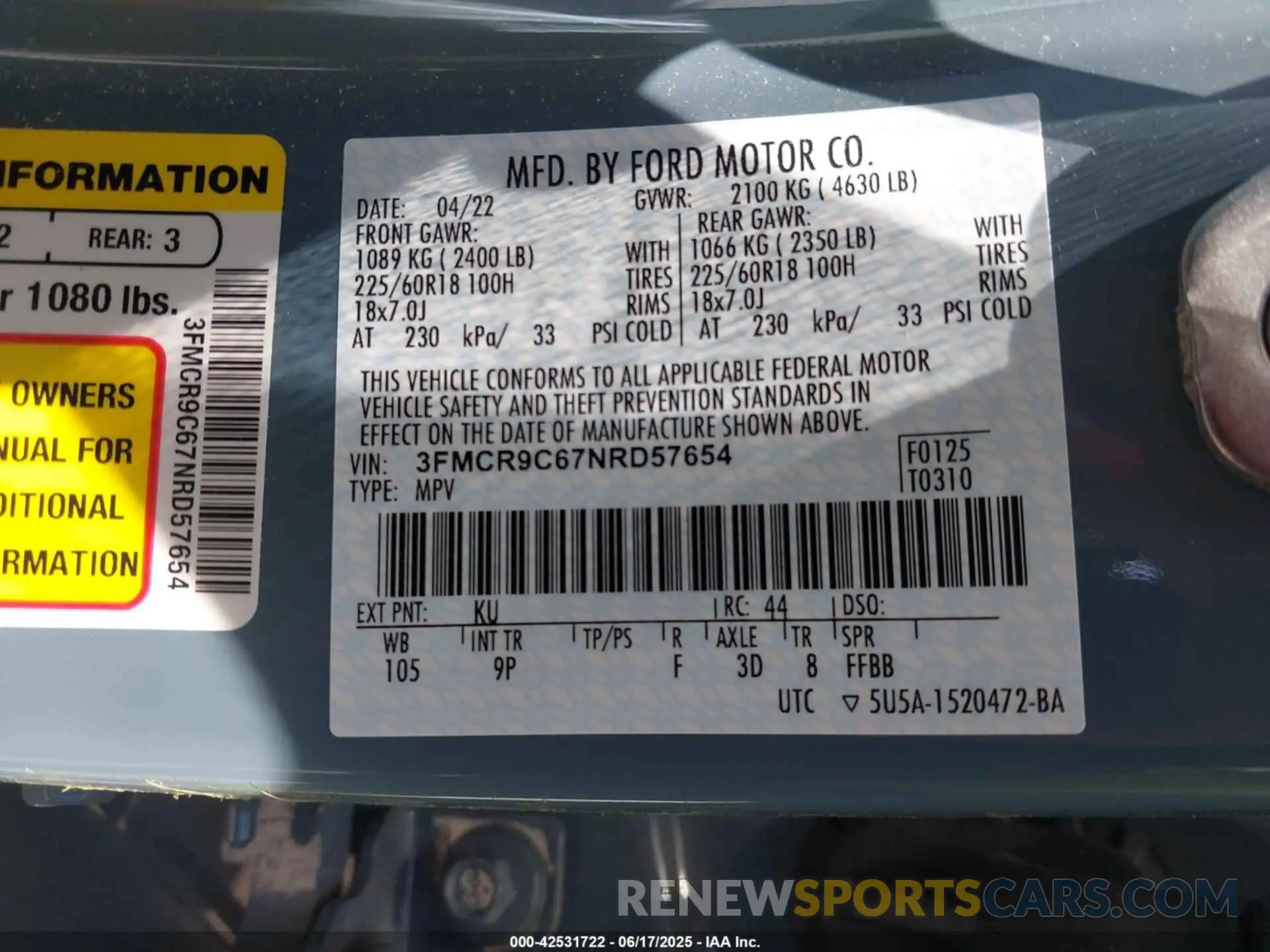 9 Photograph of a damaged car 3FMCR9C67NRD57654 FORD BRONCO SPORT 2022