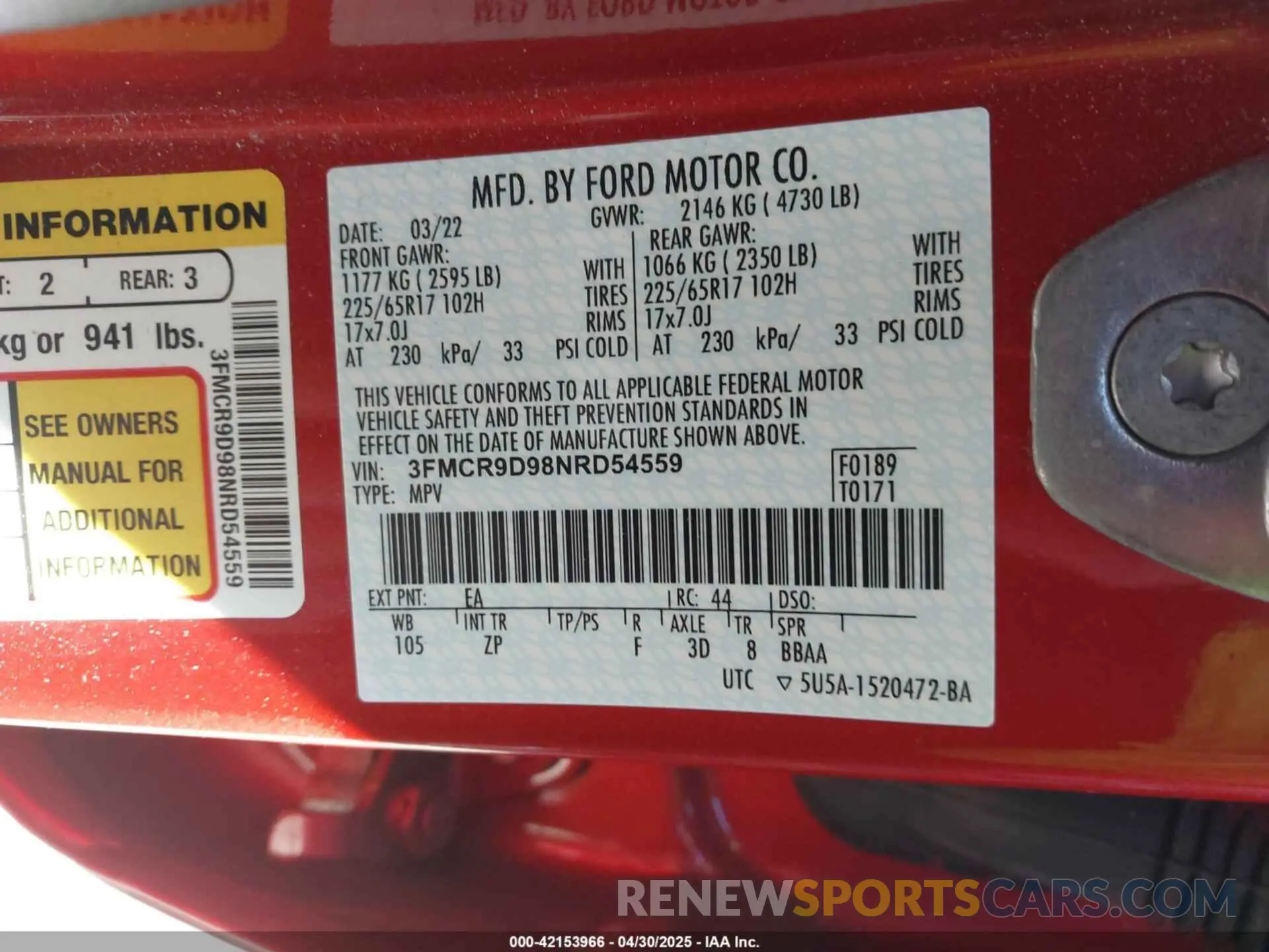 9 Photograph of a damaged car 3FMCR9D98NRD54559 FORD BRONCO SPORT 2022