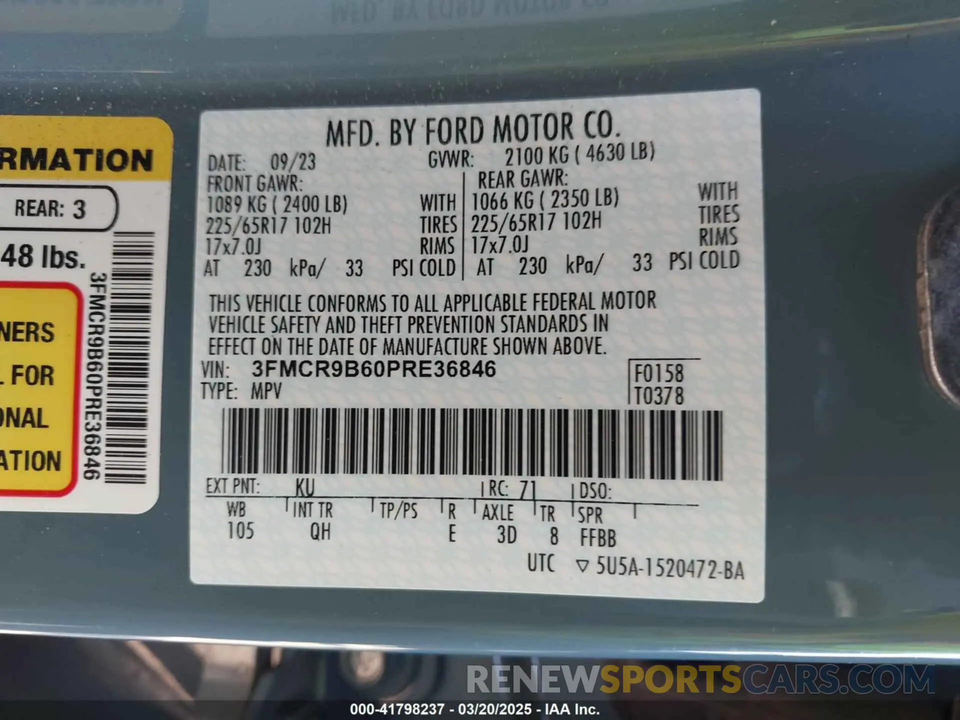 9 Фотография поврежденного автомобиля 3FMCR9B60PRE36846 FORD BRONCO SPORT 2023