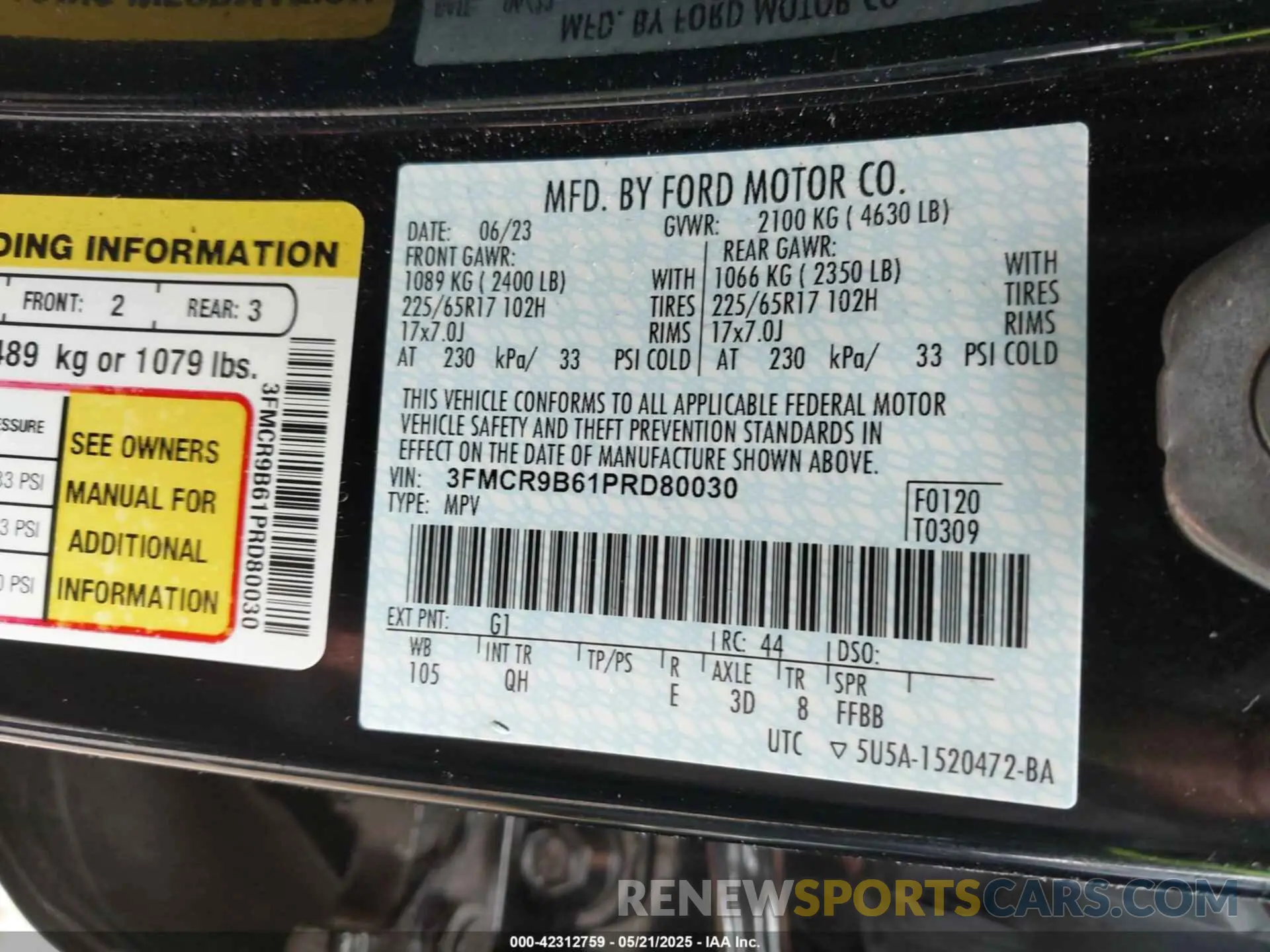 9 Фотография поврежденного автомобиля 3FMCR9B61PRD80030 FORD BRONCO SPORT 2023