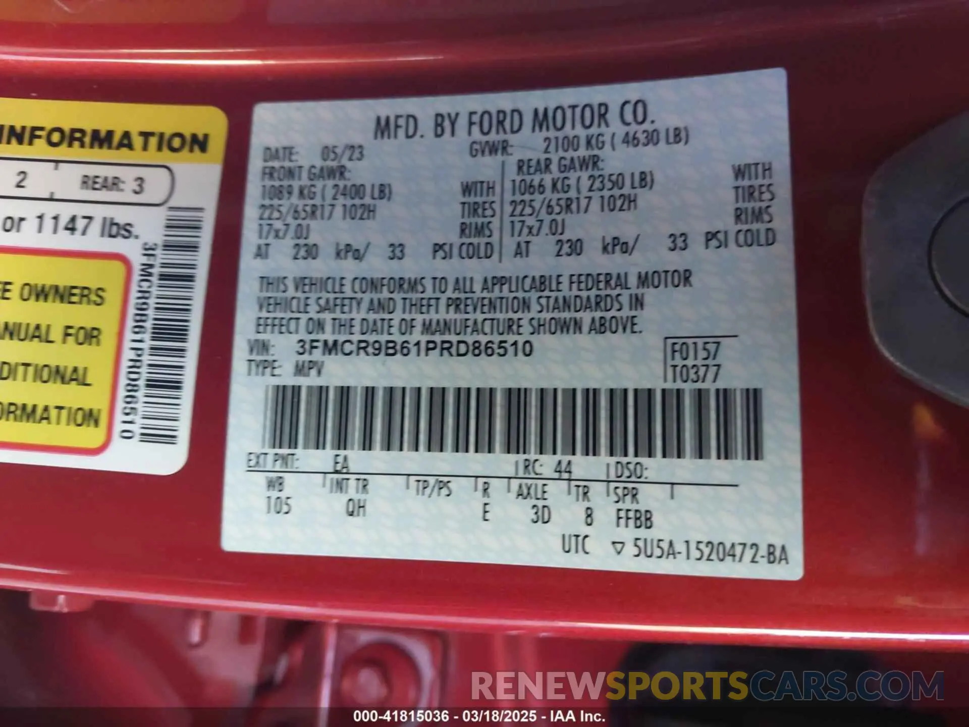 9 Photograph of a damaged car 3FMCR9B61PRD86510 FORD BRONCO SPORT 2023