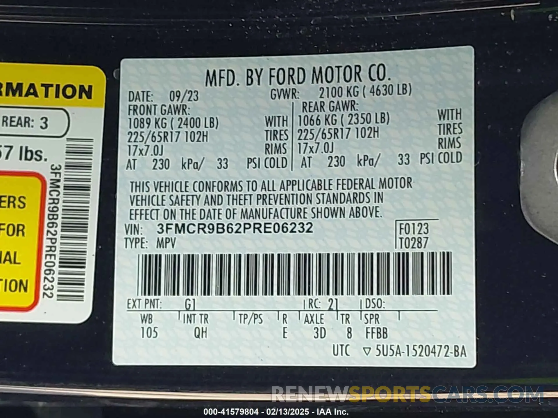 9 Фотография поврежденного автомобиля 3FMCR9B62PRE06232 FORD BRONCO SPORT 2023