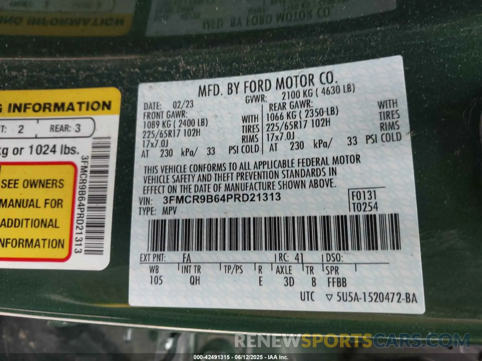 9 Photograph of a damaged car 3FMCR9B64PRD21313 FORD BRONCO SPORT 2023