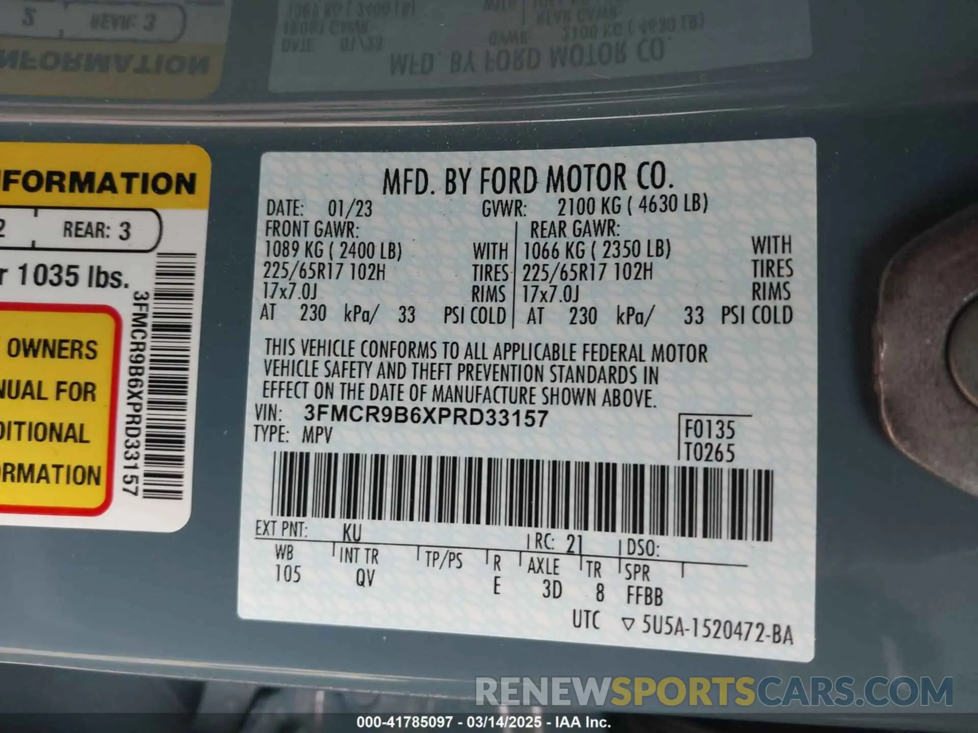 9 Фотография поврежденного автомобиля 3FMCR9B6XPRD33157 FORD BRONCO SPORT 2023