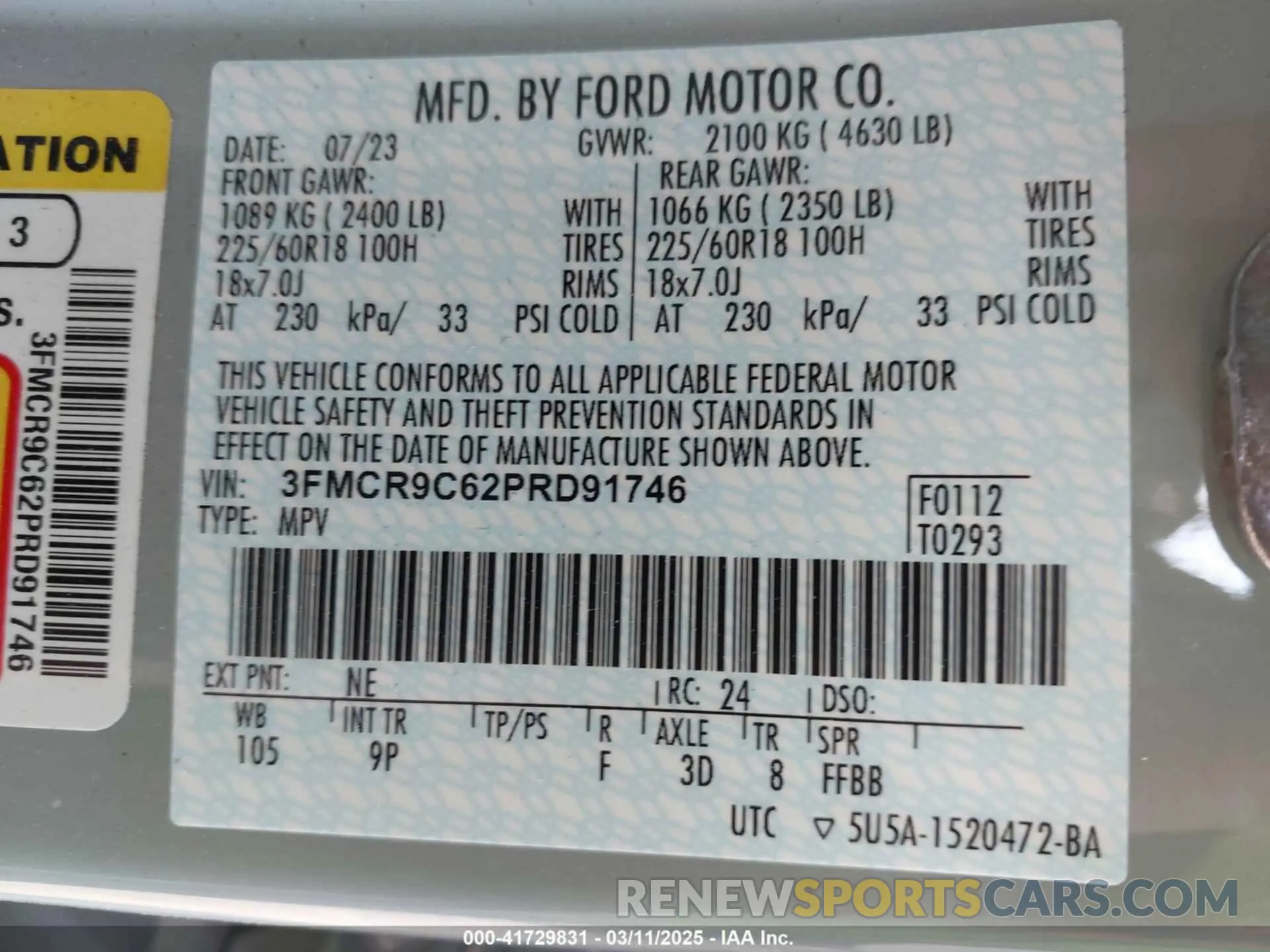 9 Фотография поврежденного автомобиля 3FMCR9C62PRD91746 FORD BRONCO SPORT 2023