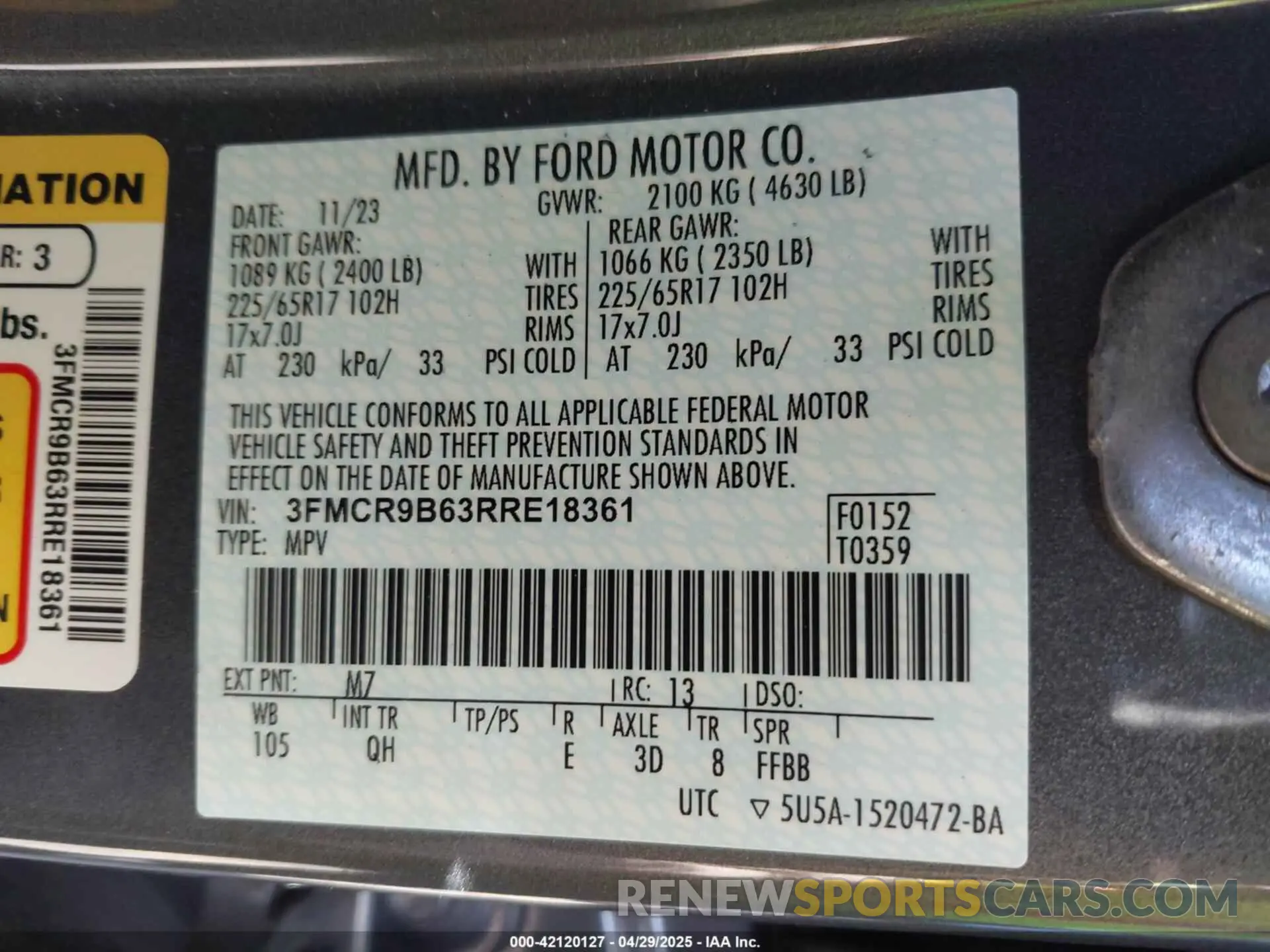 9 Фотография поврежденного автомобиля 3FMCR9B63RRE18361 FORD BRONCO SPORT 2024