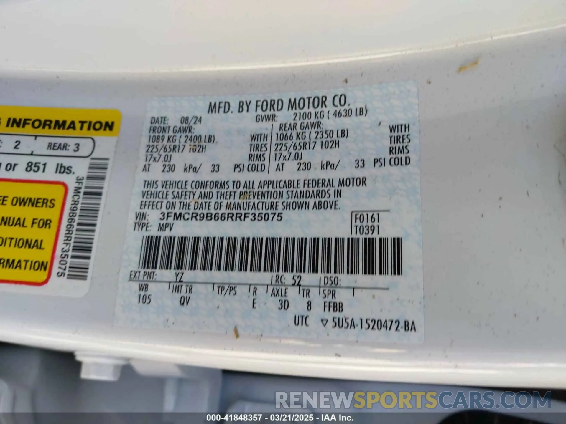 9 Photograph of a damaged car 3FMCR9B66RRF35075 FORD BRONCO SPORT 2024