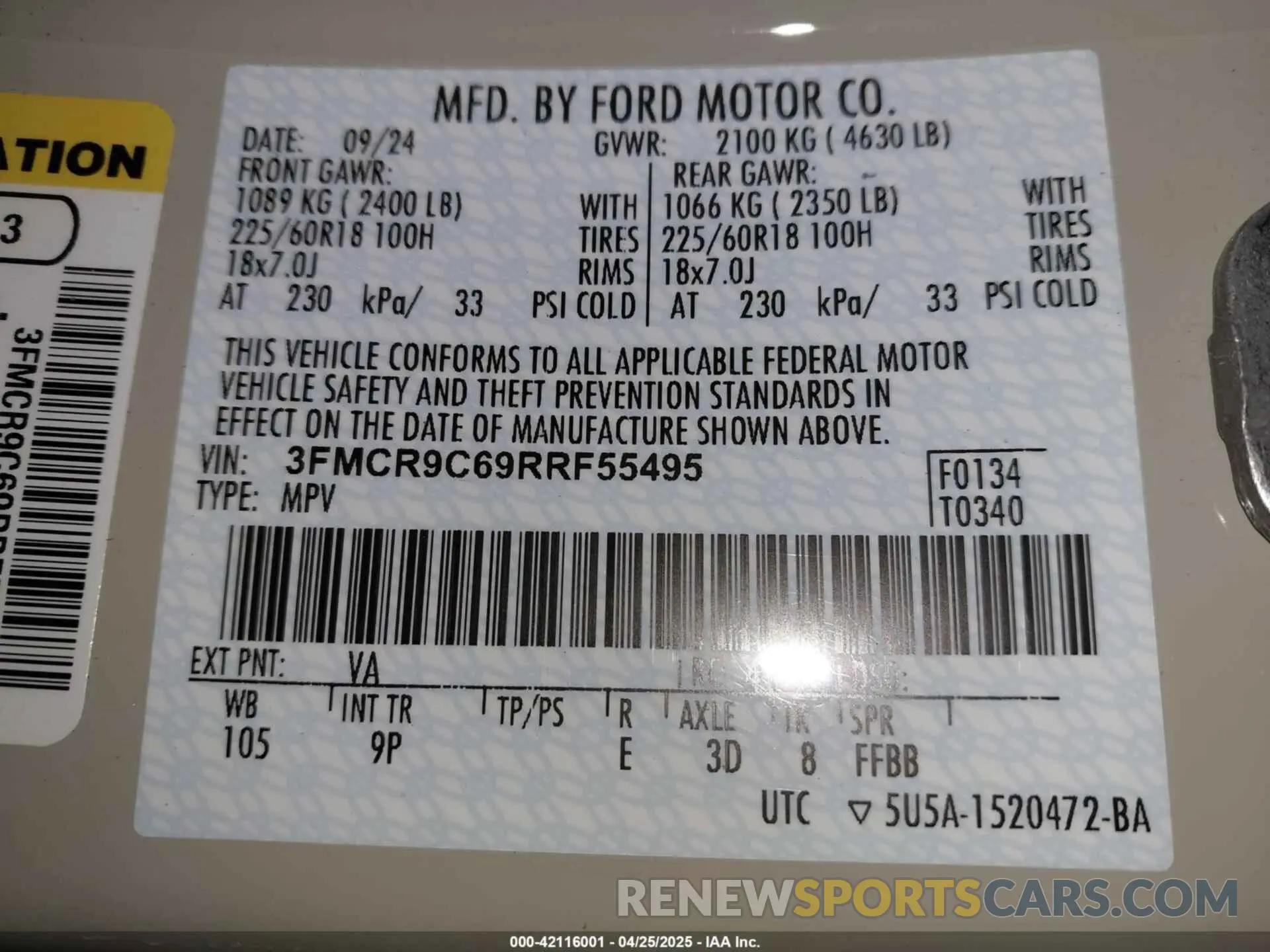 9 Фотография поврежденного автомобиля 3FMCR9C69RRF55495 FORD BRONCO SPORT 2024