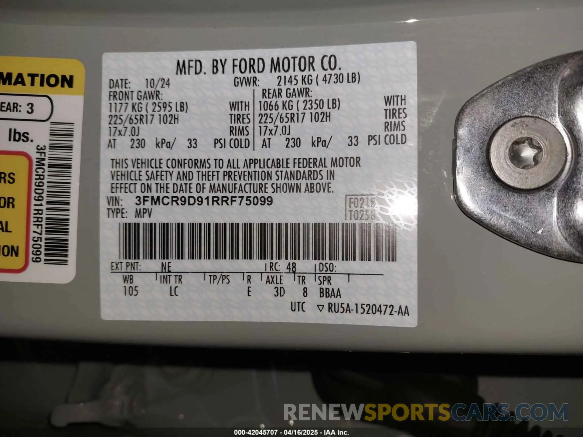 9 Photograph of a damaged car 3FMCR9D91RRF75099 FORD BRONCO SPORT 2024