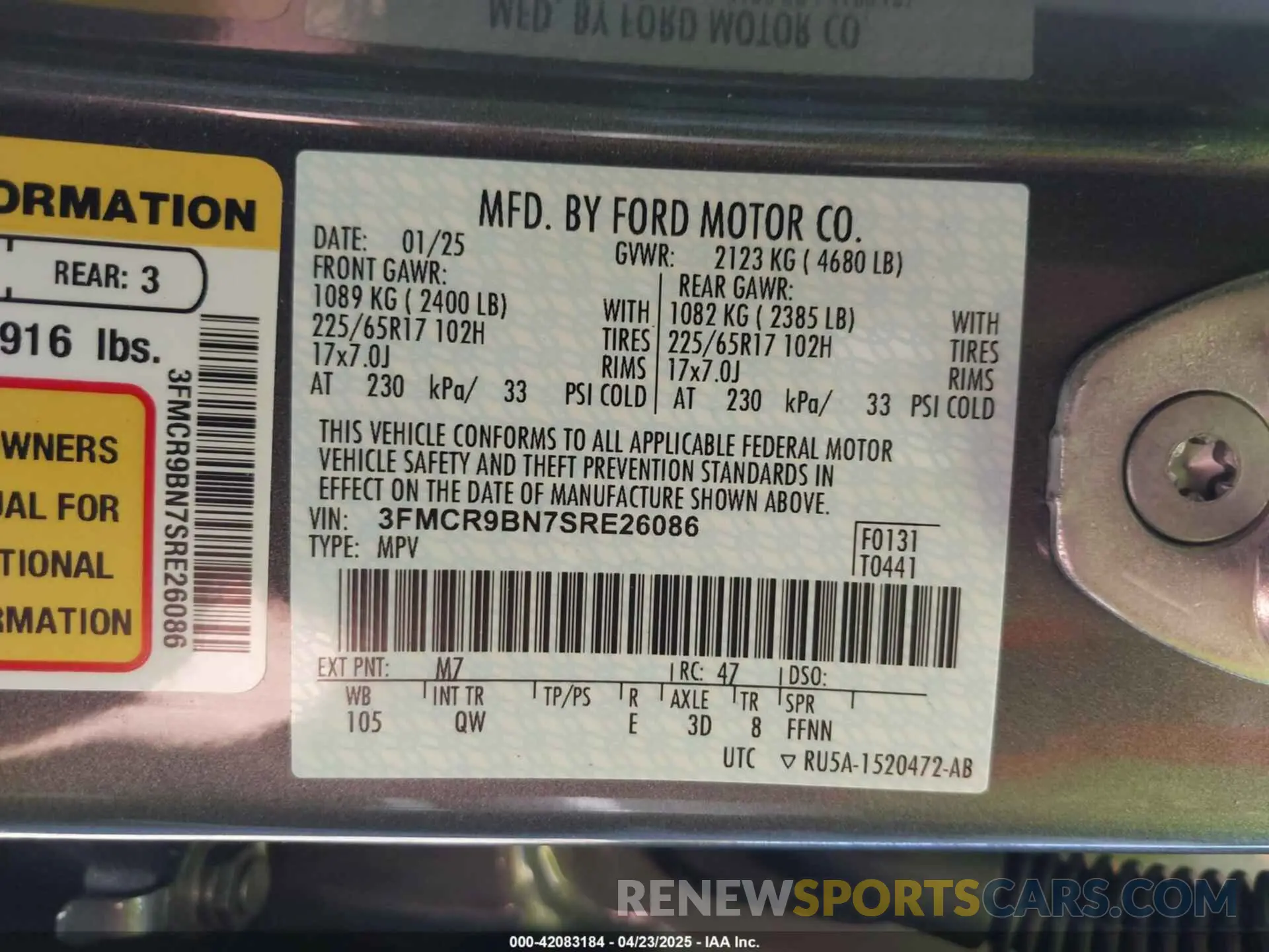 9 Фотография поврежденного автомобиля 3FMCR9BN7SRE26086 FORD BRONCO SPORT 2025