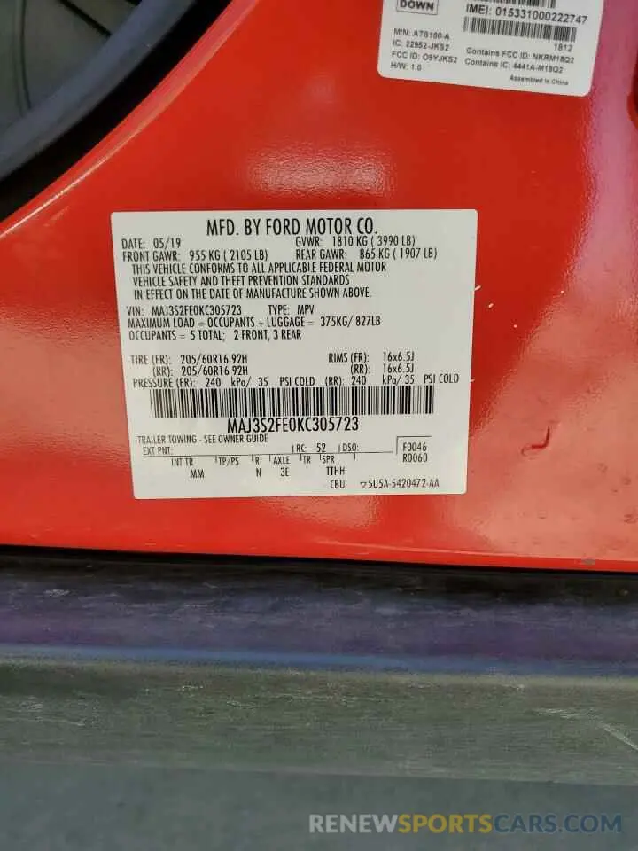 13 Фотография поврежденного автомобиля MAJ3S2FE0KC305723 FORD ECOSPORT 2019