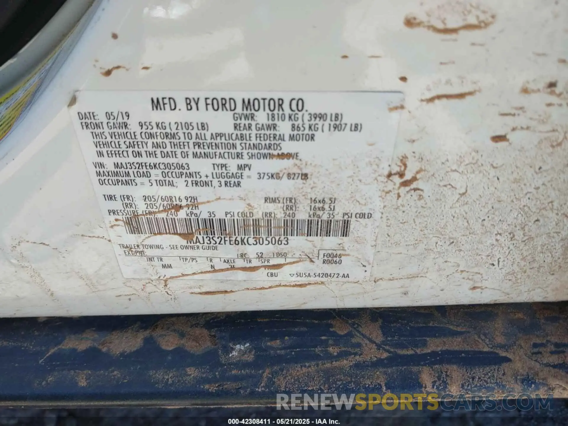 9 Фотография поврежденного автомобиля MAJ3S2FE6KC305063 FORD ECOSPORT 2019