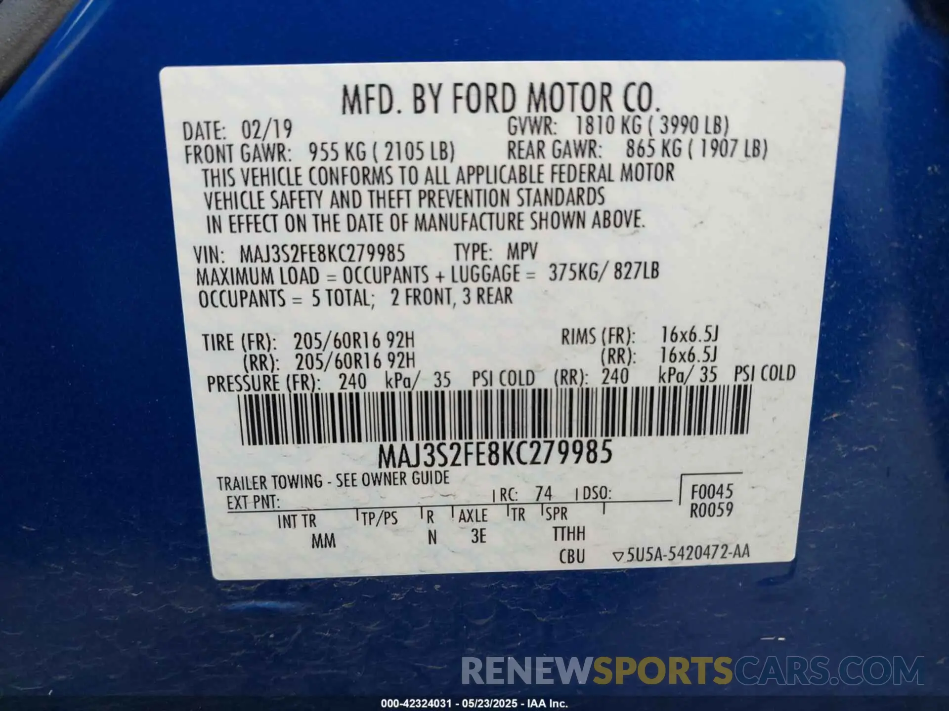 9 Фотография поврежденного автомобиля MAJ3S2FE8KC279985 FORD ECOSPORT 2019
