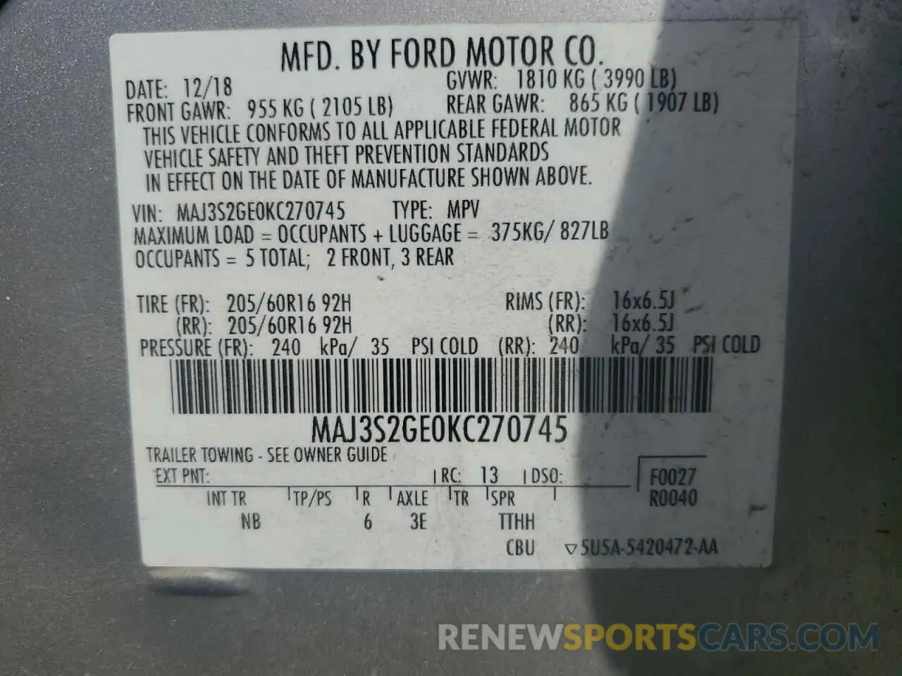 14 Photograph of a damaged car MAJ3S2GE0KC270745 FORD ECOSPORT 2019