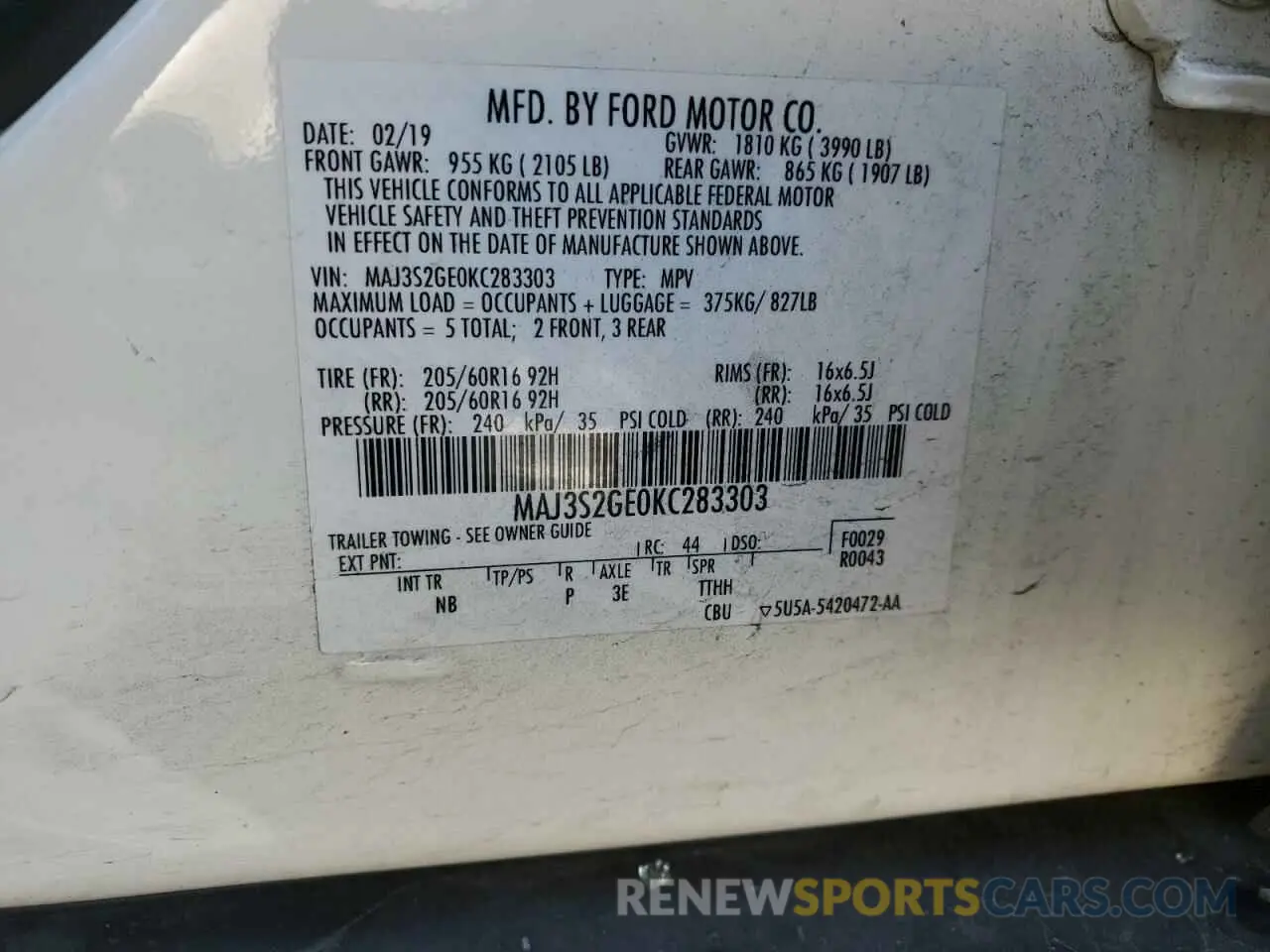 13 Фотография поврежденного автомобиля MAJ3S2GE0KC283303 FORD ECOSPORT 2019