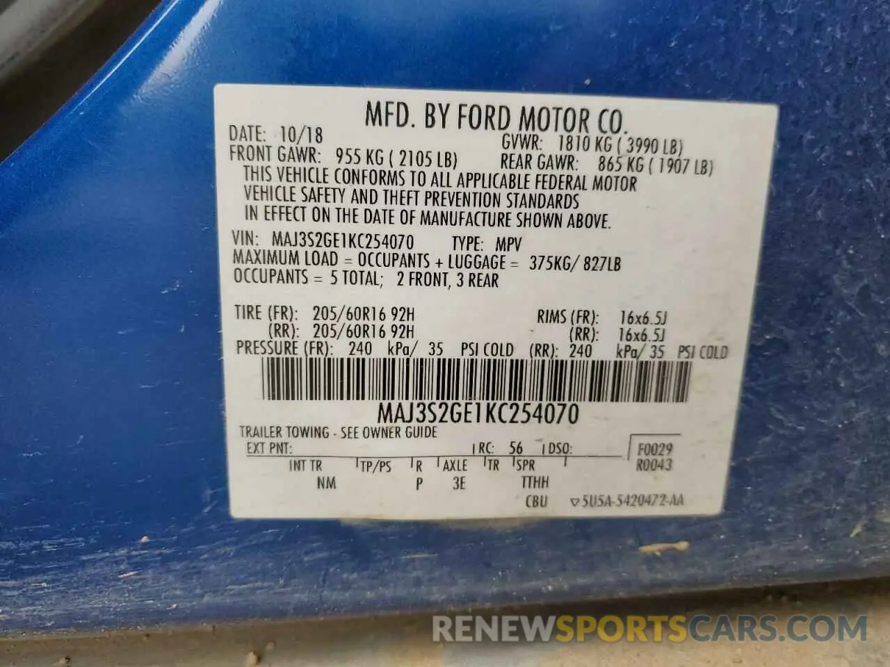 16 Photograph of a damaged car MAJ3S2GE1KC254070 FORD ECOSPORT 2019