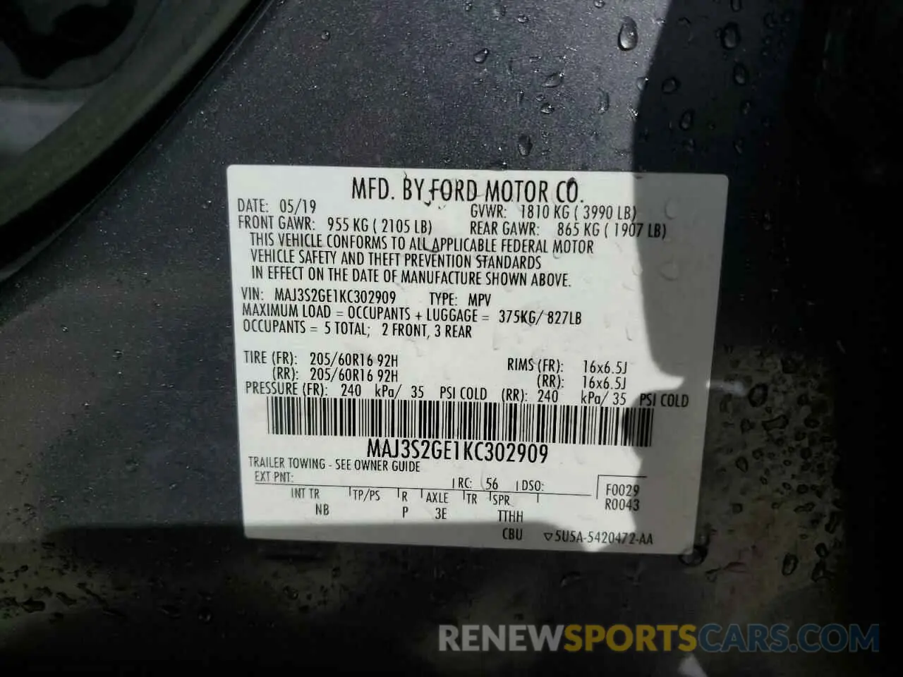 13 Photograph of a damaged car MAJ3S2GE1KC302909 FORD ECOSPORT 2019