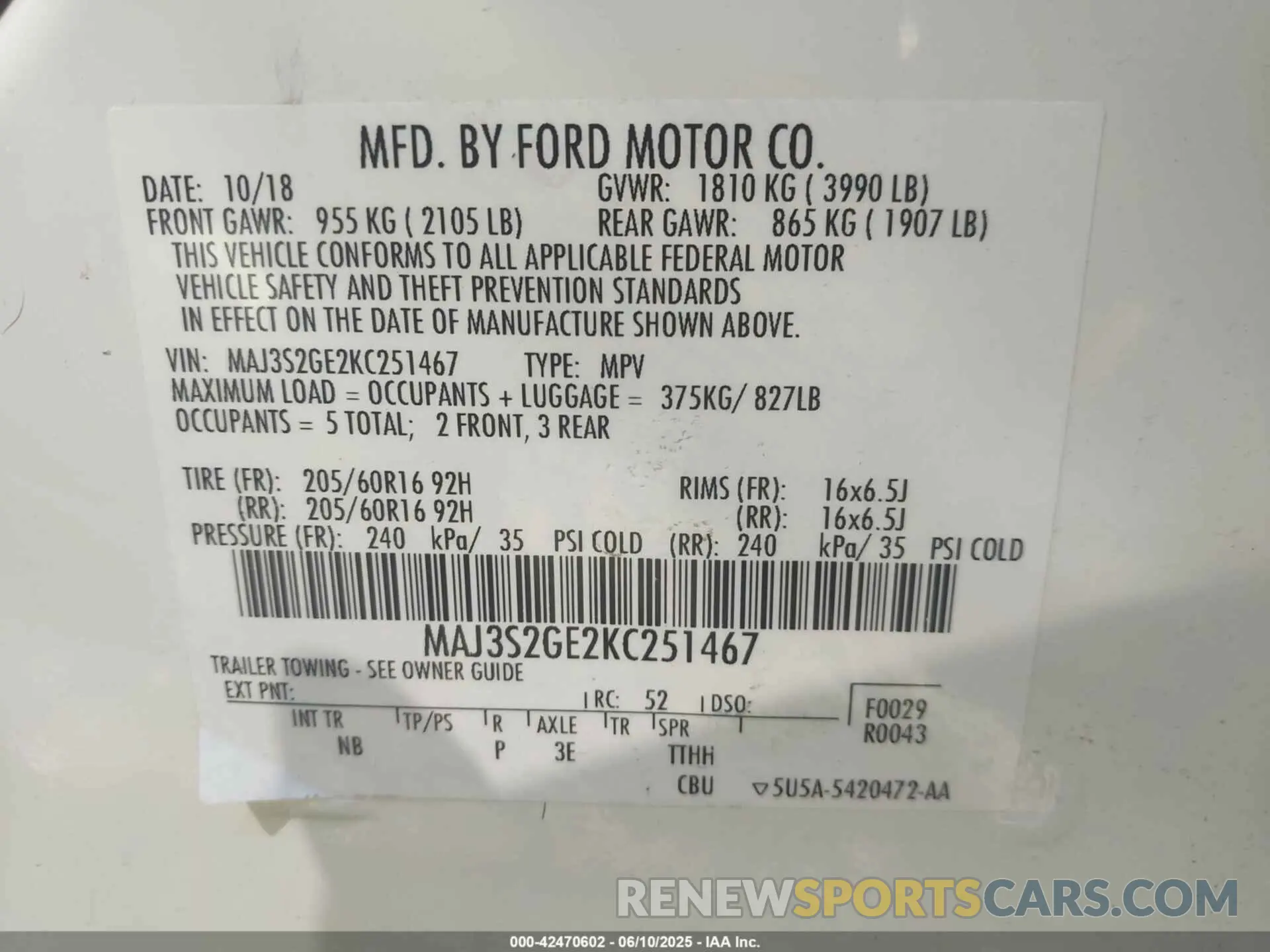 9 Фотография поврежденного автомобиля MAJ3S2GE2KC251467 FORD ECOSPORT 2019