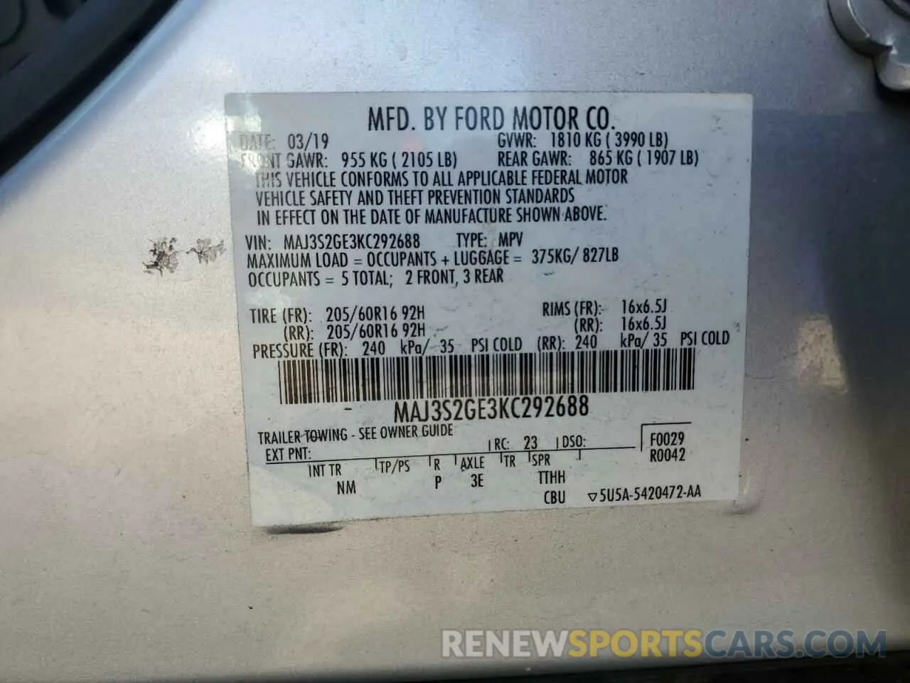 13 Фотография поврежденного автомобиля MAJ3S2GE3KC292688 FORD ECOSPORT 2019