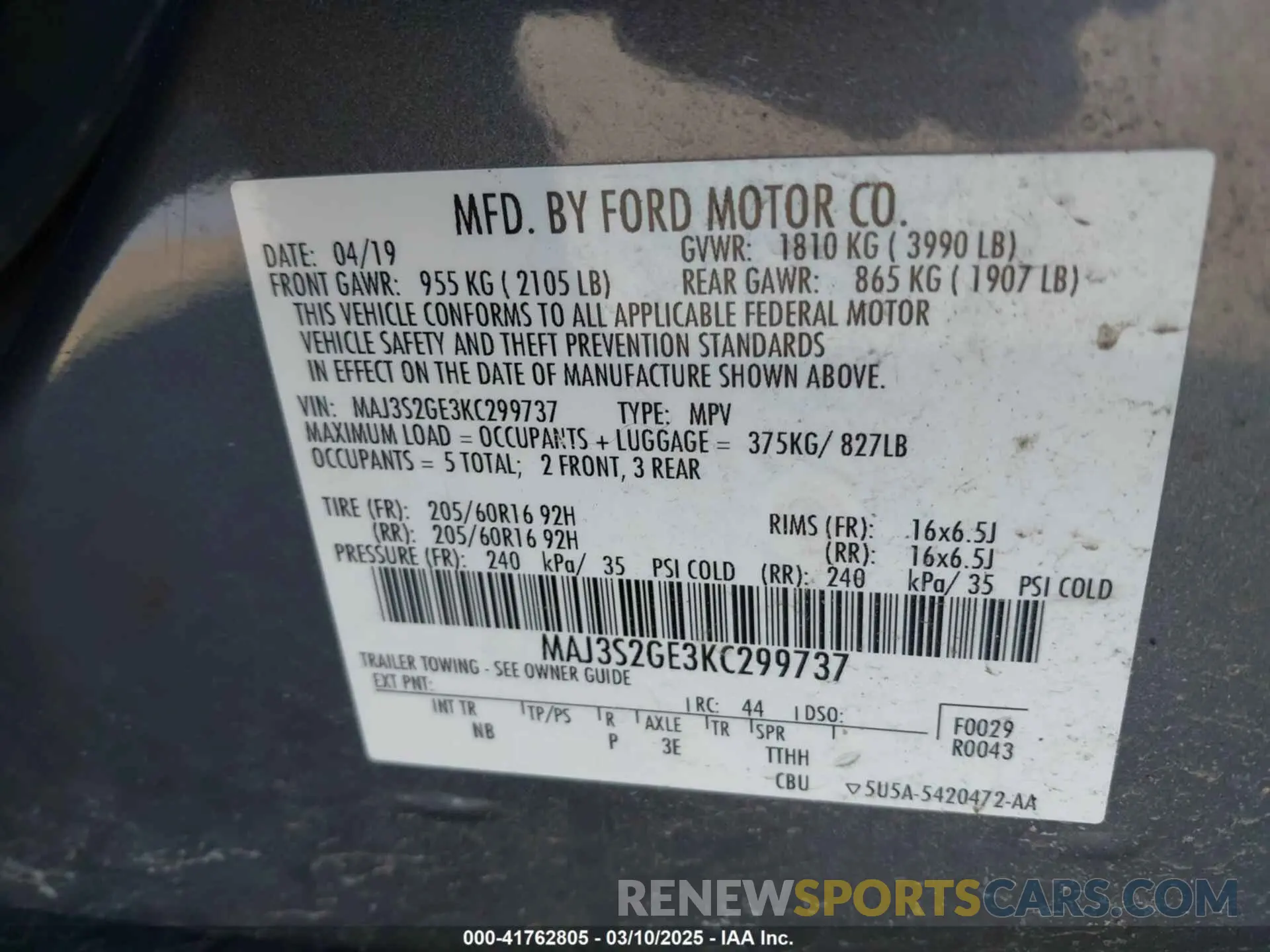 9 Photograph of a damaged car MAJ3S2GE3KC299737 FORD ECOSPORT 2019