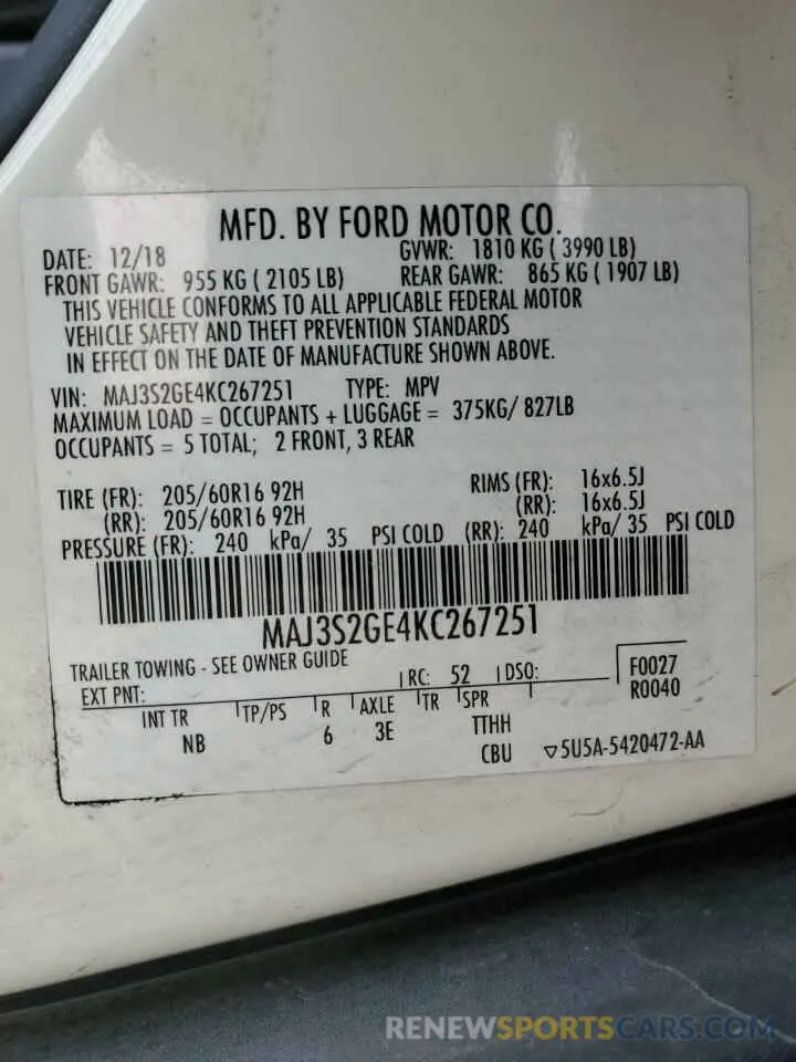 13 Photograph of a damaged car MAJ3S2GE4KC267251 FORD ECOSPORT 2019