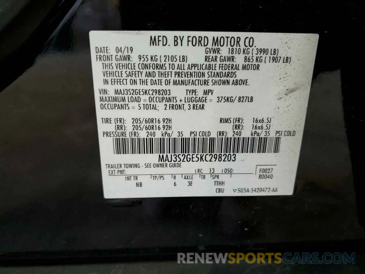 13 Photograph of a damaged car MAJ3S2GE5KC298203 FORD ECOSPORT 2019