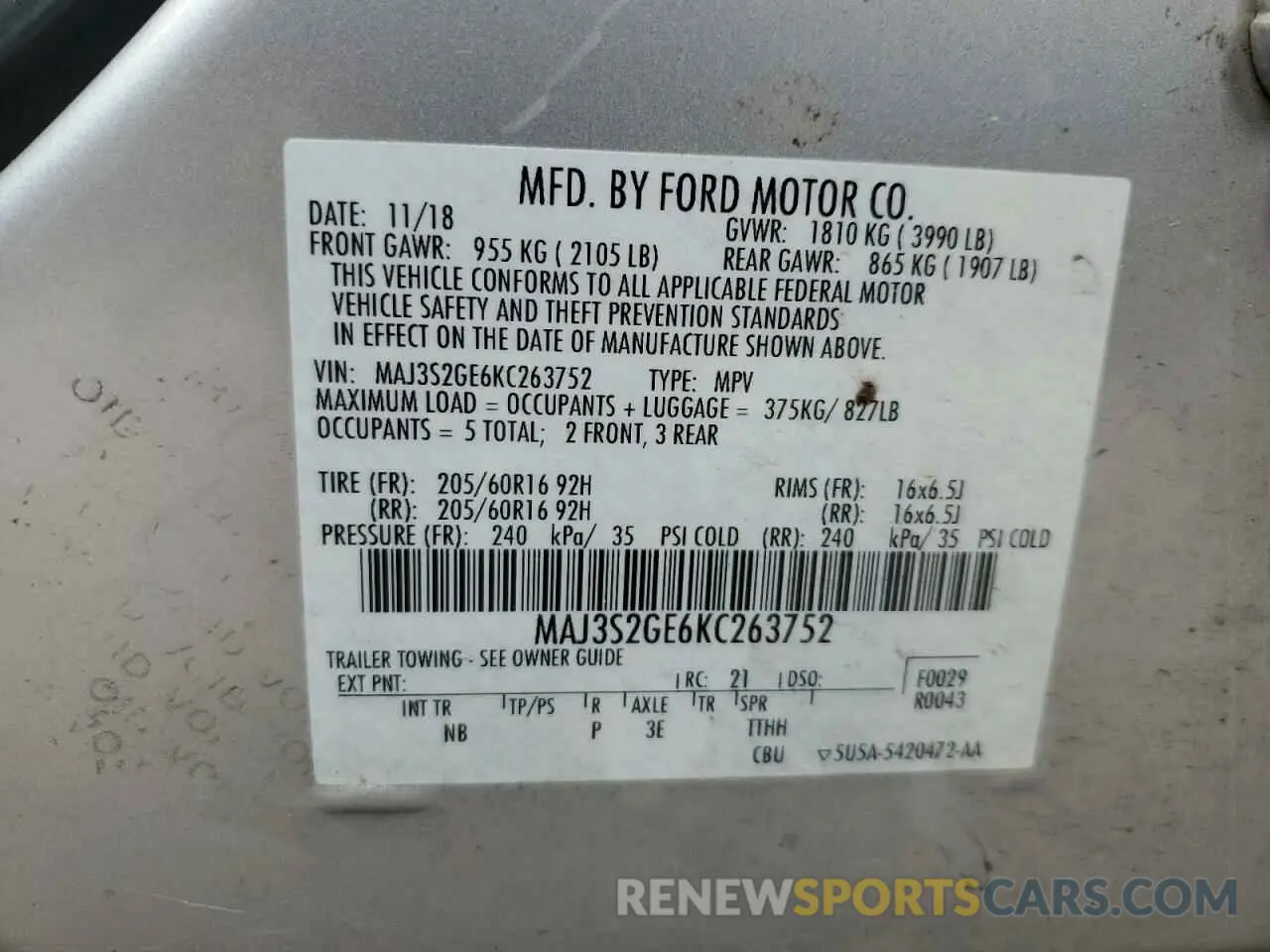 13 Photograph of a damaged car MAJ3S2GE6KC263752 FORD ECOSPORT 2019