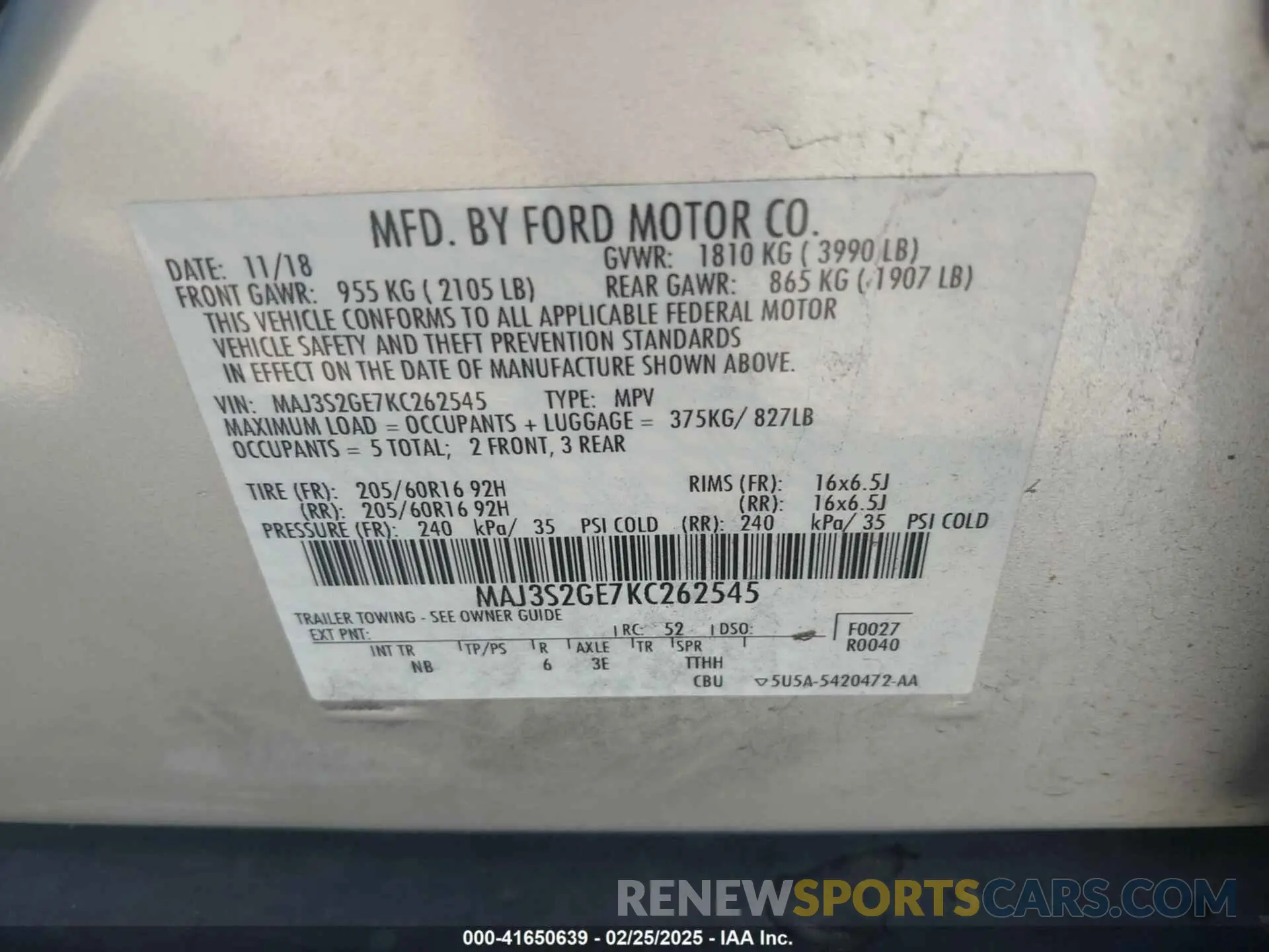 9 Фотография поврежденного автомобиля MAJ3S2GE7KC262545 FORD ECOSPORT 2019
