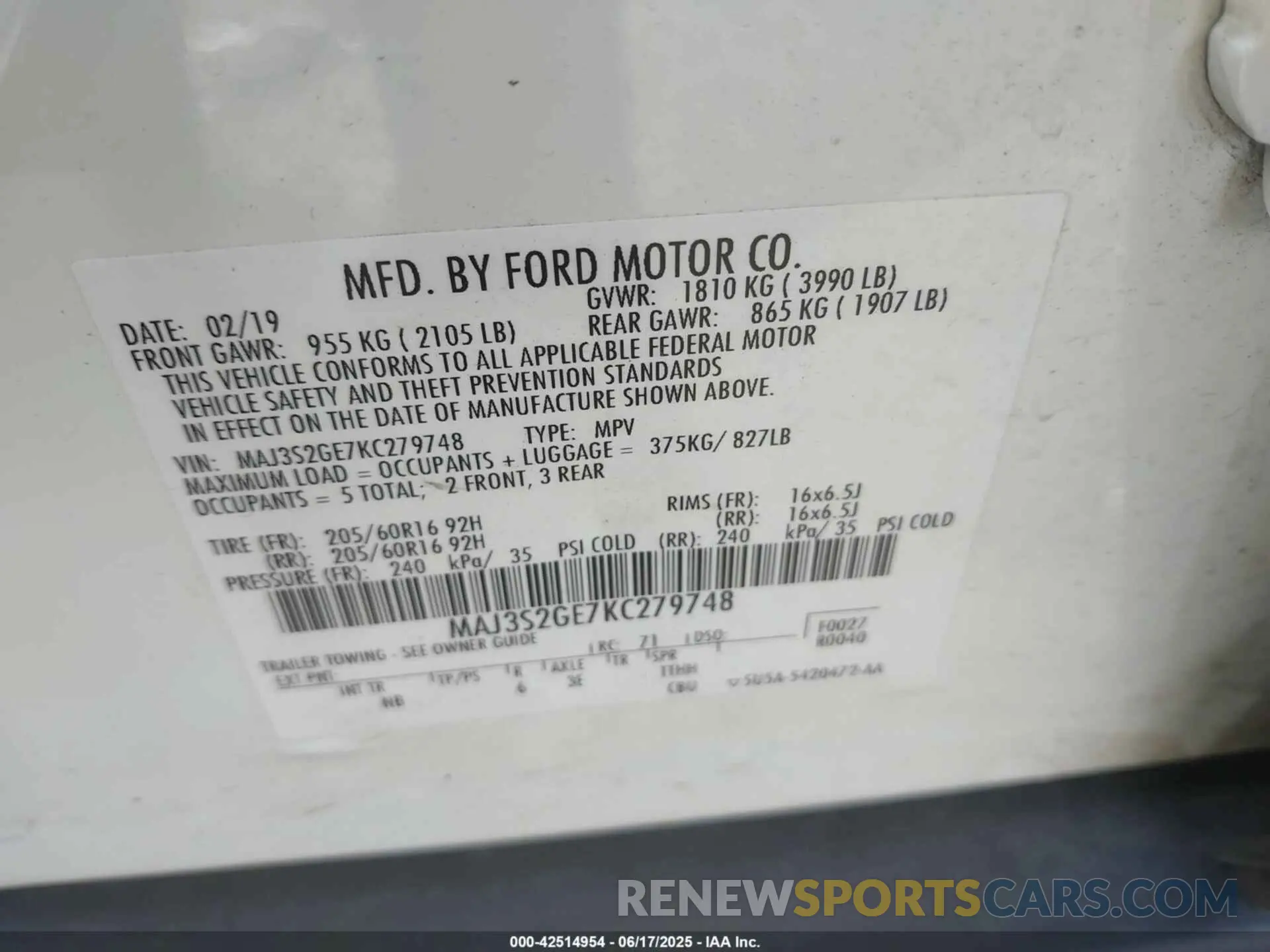 9 Фотография поврежденного автомобиля MAJ3S2GE7KC279748 FORD ECOSPORT 2019