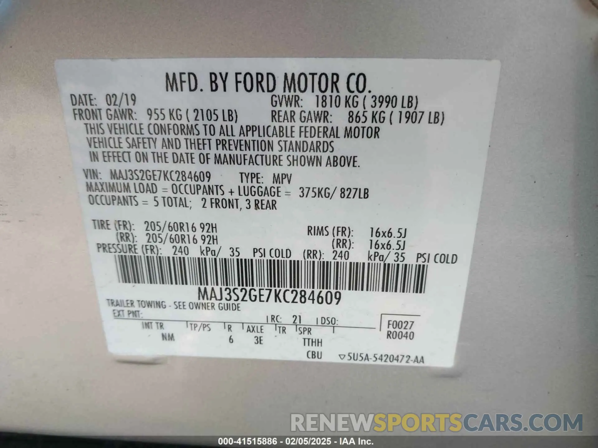 9 Фотография поврежденного автомобиля MAJ3S2GE7KC284609 FORD ECOSPORT 2019