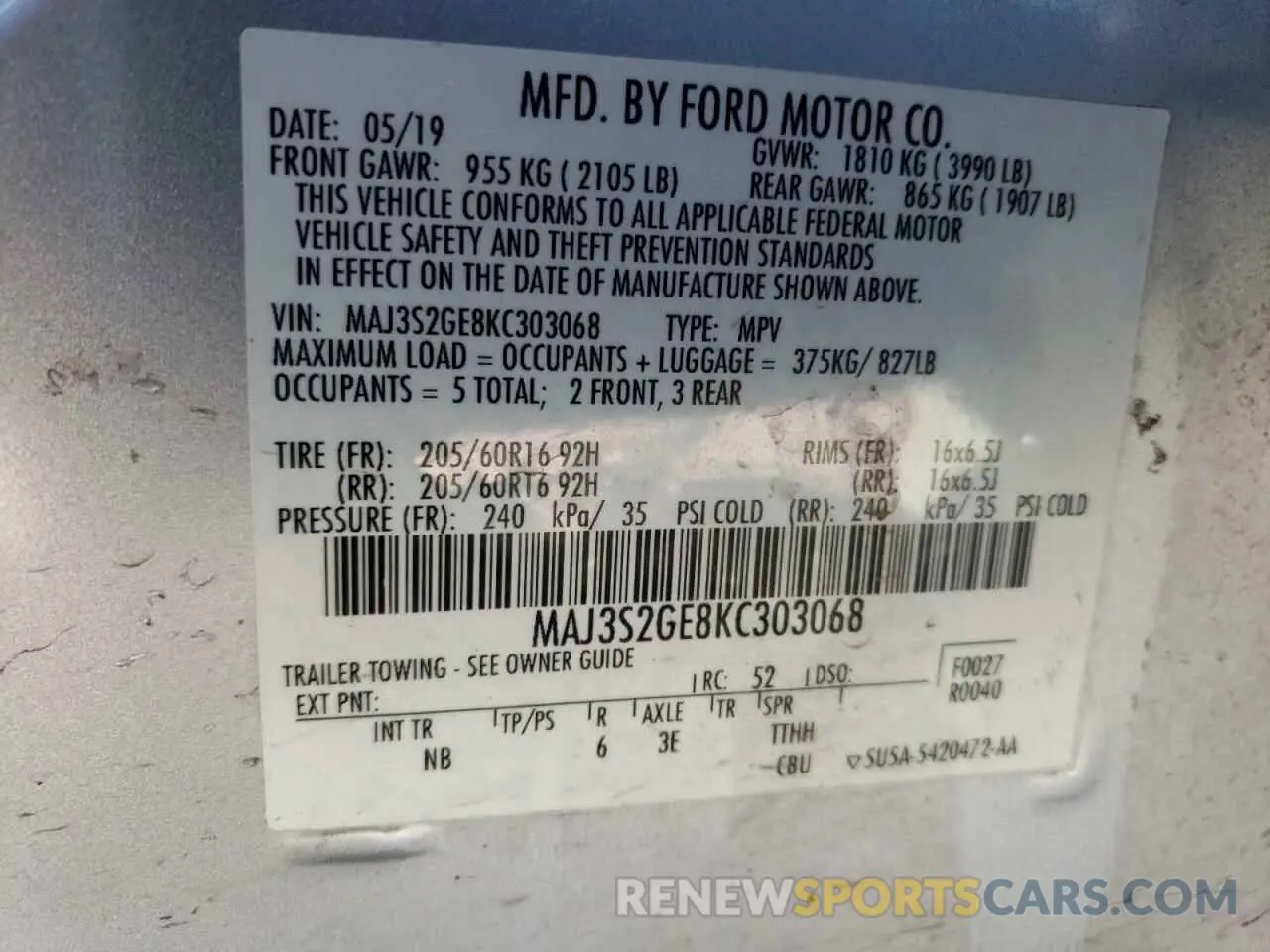 15 Фотография поврежденного автомобиля MAJ3S2GE8KC303068 FORD ECOSPORT 2019