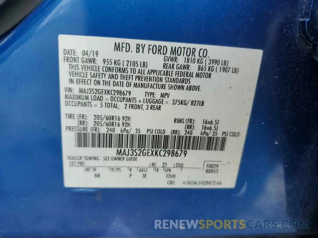 15 Photograph of a damaged car MAJ3S2GEXKC298679 FORD ECOSPORT 2019