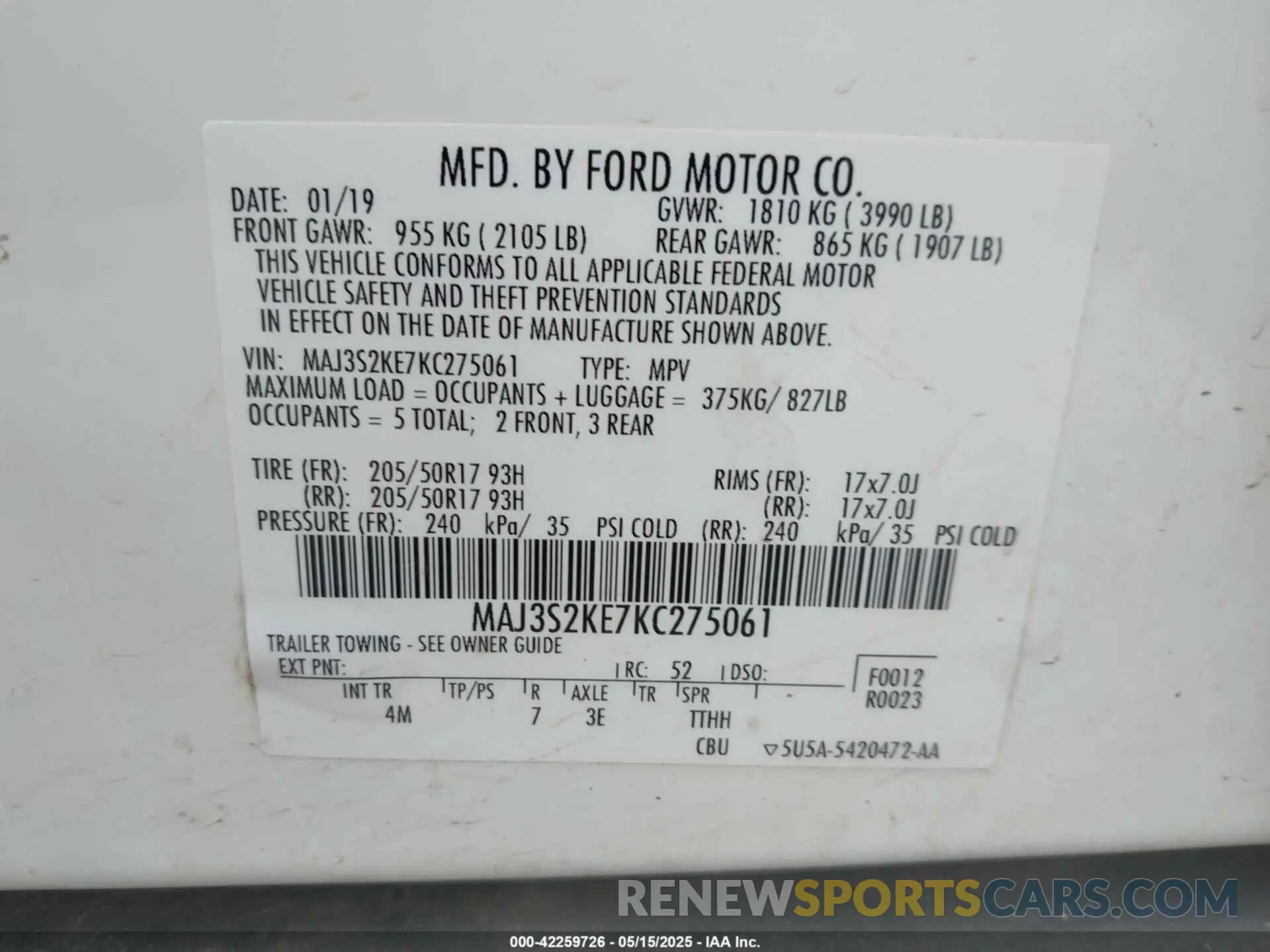9 Фотография поврежденного автомобиля MAJ3S2KE7KC275061 FORD ECOSPORT 2019