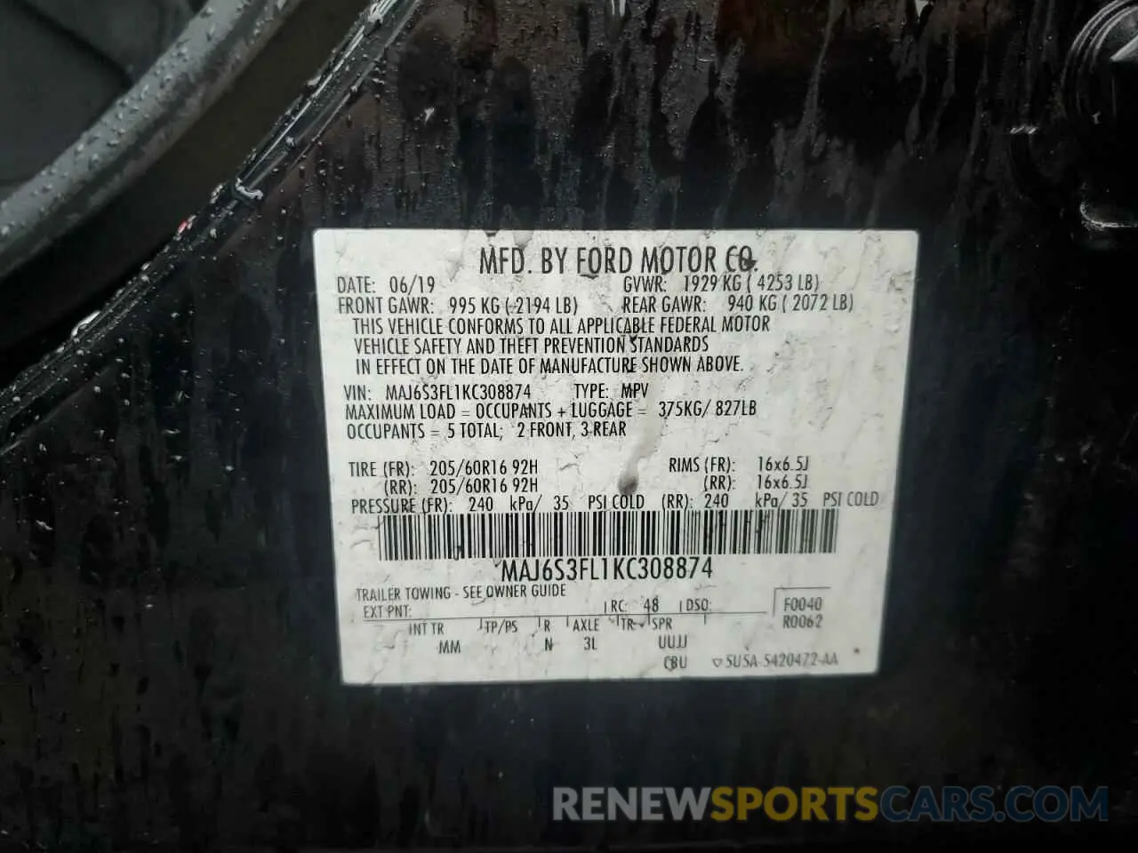 13 Photograph of a damaged car MAJ6S3FL1KC308874 FORD ECOSPORT 2019