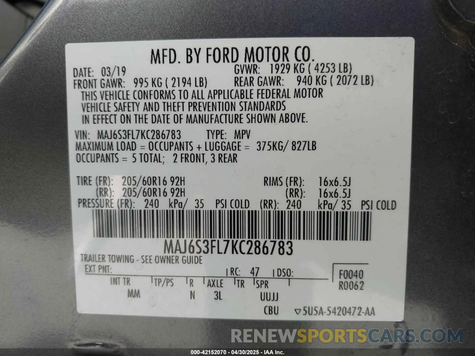 9 Photograph of a damaged car MAJ6S3FL7KC286783 FORD ECOSPORT 2019