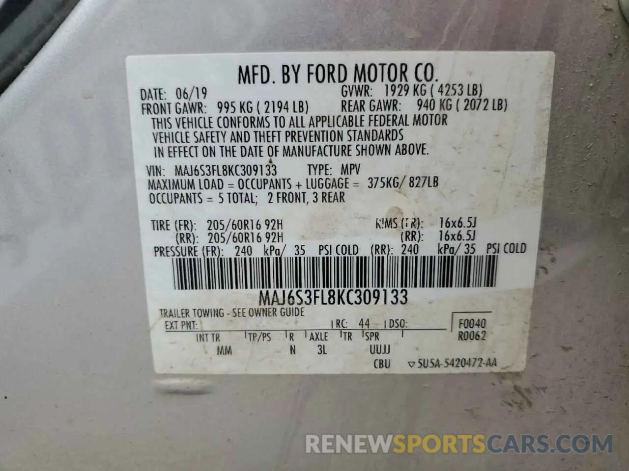 15 Photograph of a damaged car MAJ6S3FL8KC309133 FORD ECOSPORT 2019