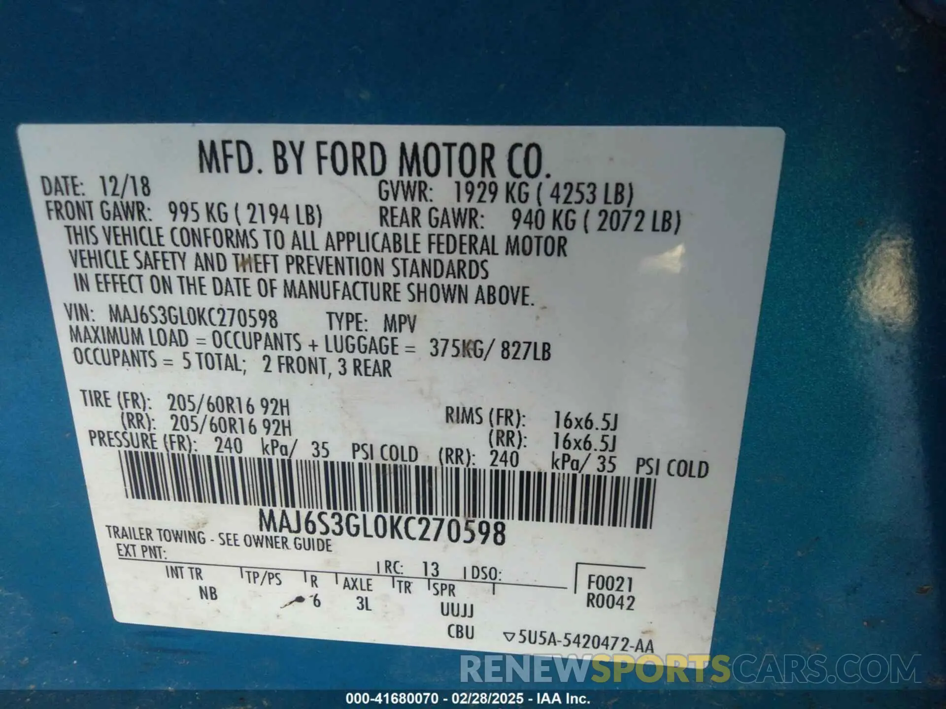 9 Фотография поврежденного автомобиля MAJ6S3GL0KC270598 FORD ECOSPORT 2019