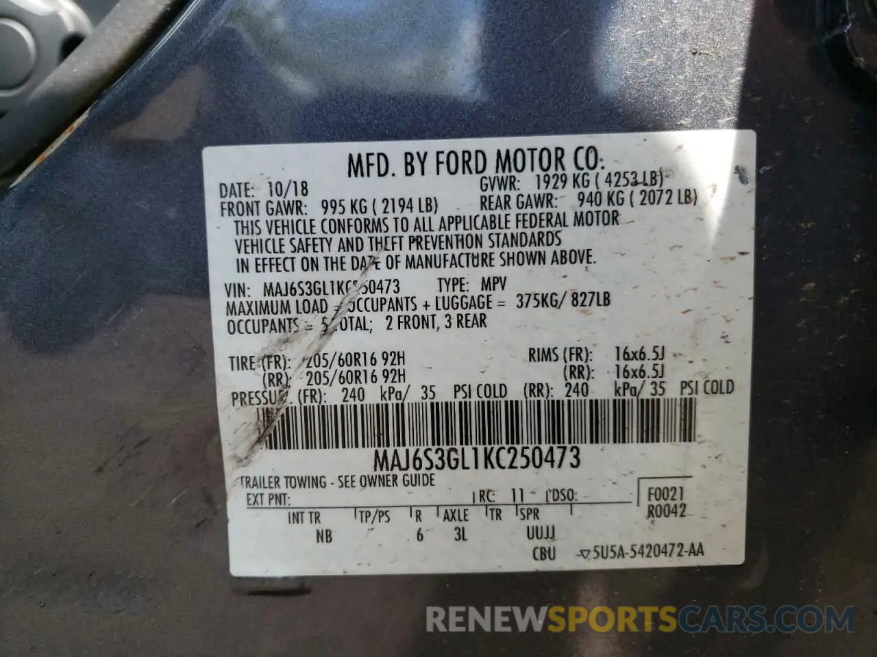 13 Photograph of a damaged car MAJ6S3GL1KC250473 FORD ECOSPORT 2019