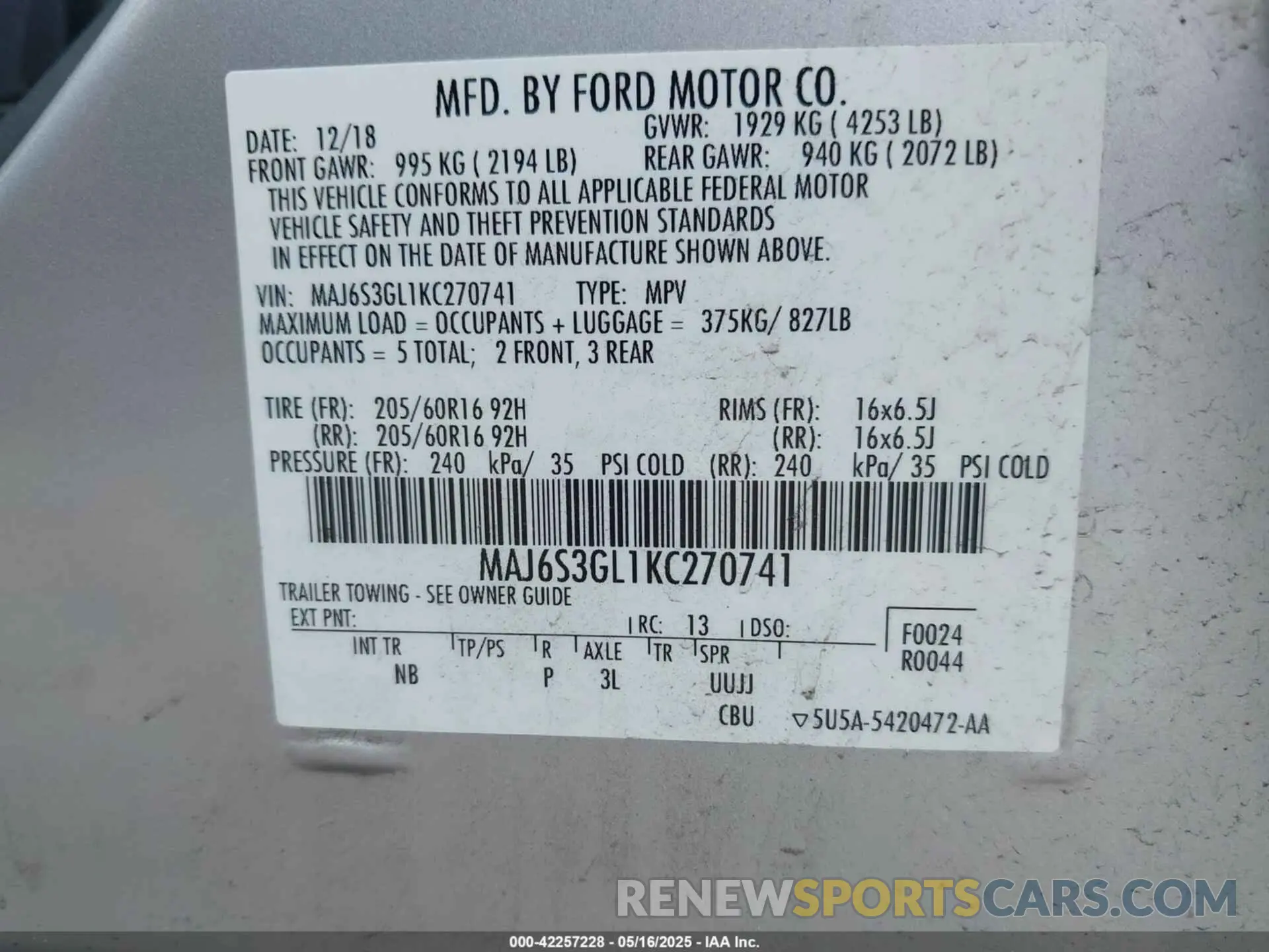 9 Photograph of a damaged car MAJ6S3GL1KC270741 FORD ECOSPORT 2019