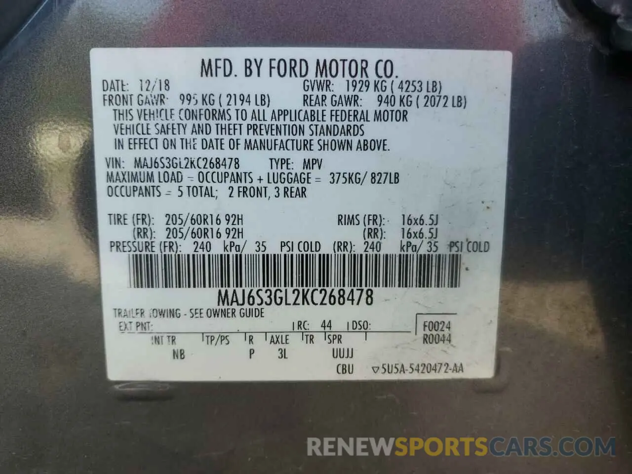 15 Photograph of a damaged car MAJ6S3GL2KC268478 FORD ECOSPORT 2019