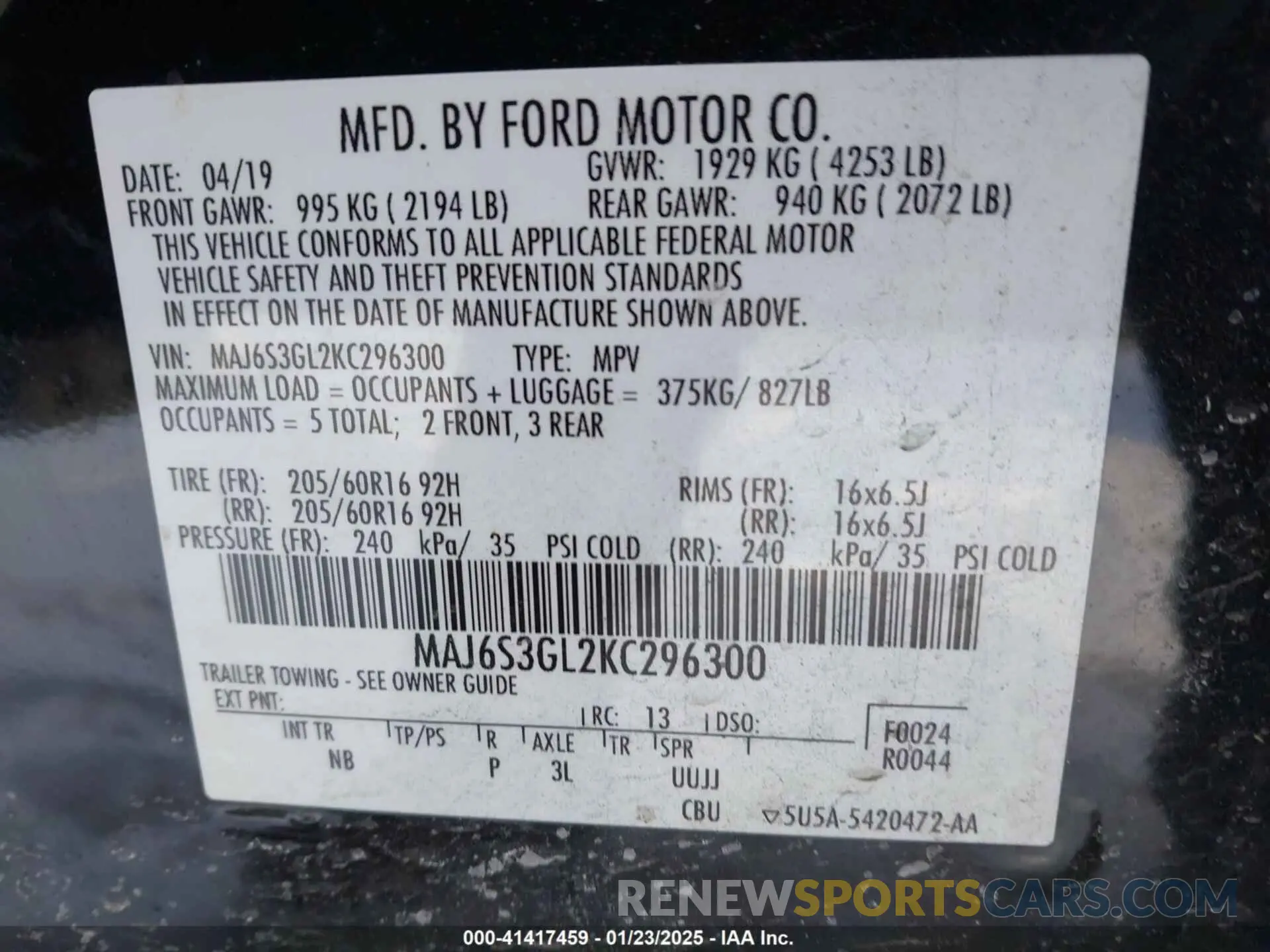 9 Фотография поврежденного автомобиля MAJ6S3GL2KC296300 FORD ECOSPORT 2019