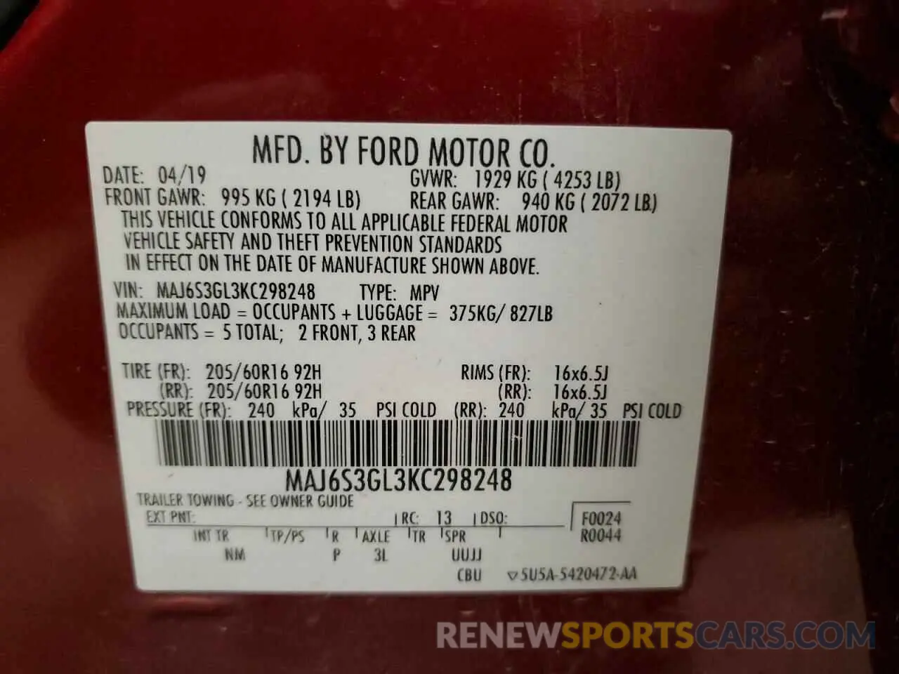 12 Photograph of a damaged car MAJ6S3GL3KC298248 FORD ECOSPORT 2019